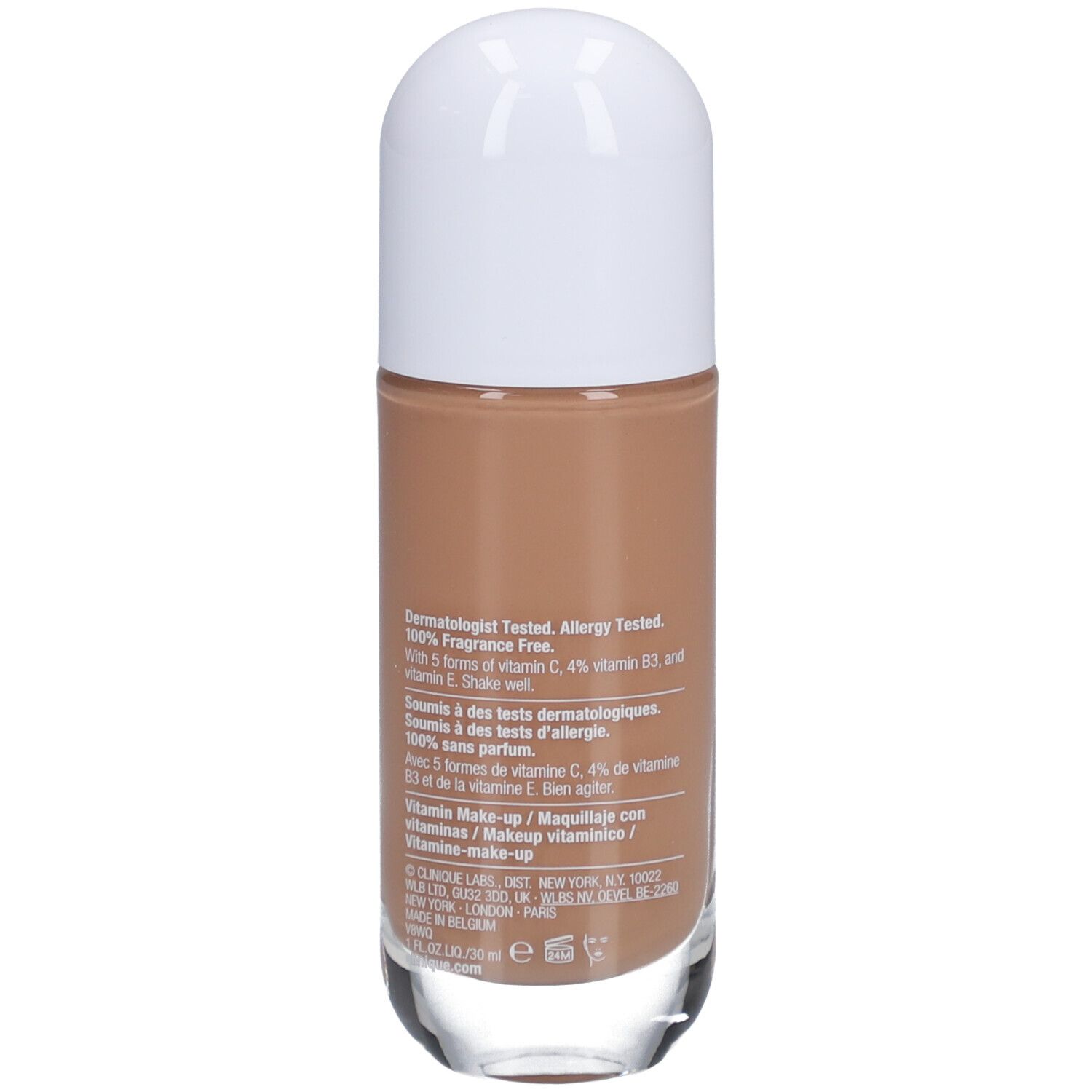 Rückseite der Clinique Even Better Clinical Vitamin Makeup Flasche. Text und Inhaltsstoffe.