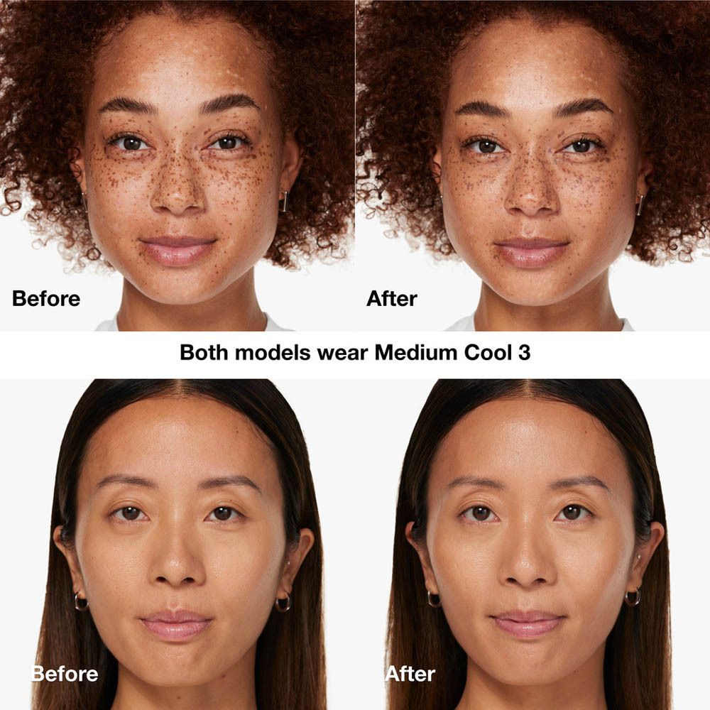 Voor-en-na vergelijking. Modellen met Clinique Even Better Clinical Vitamin Makeup.