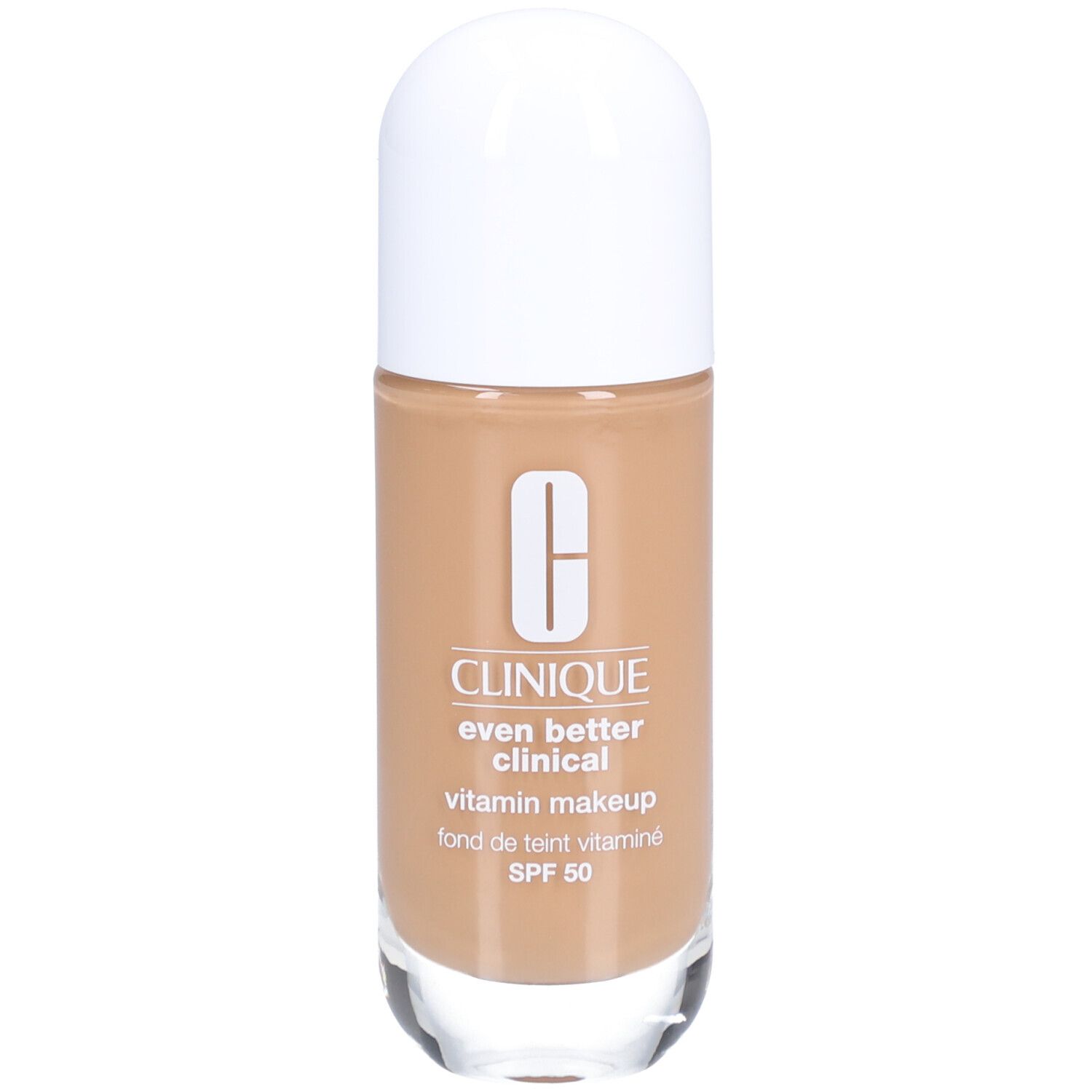 Flakon Clinique Even Better Clinical Vitamin Makeup SPF 50. Beige-farbenes Make-up mit weißem Deckel. Marke und Produktbezeichnung.