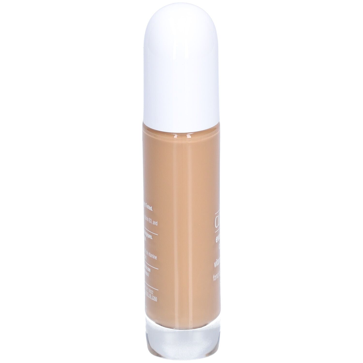 Rückseite des Flakons Clinique Even Better Clinical Vitamin Makeup SPF 50. Text auf dem Etikett. Weißer Deckel.