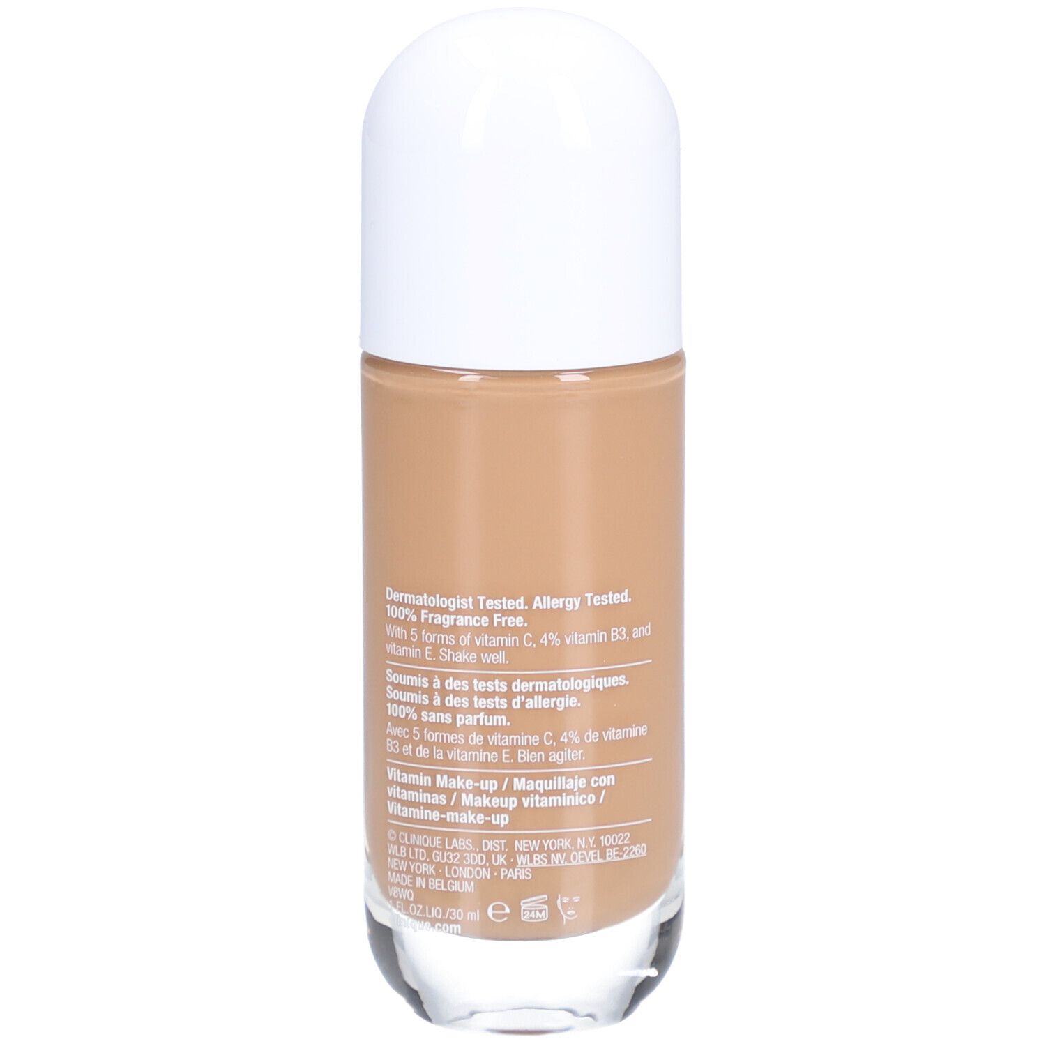 Rückseite des Flakons Clinique Even Better Clinical Vitamin Makeup SPF 50. Text auf dem Etikett. Weißer Deckel.