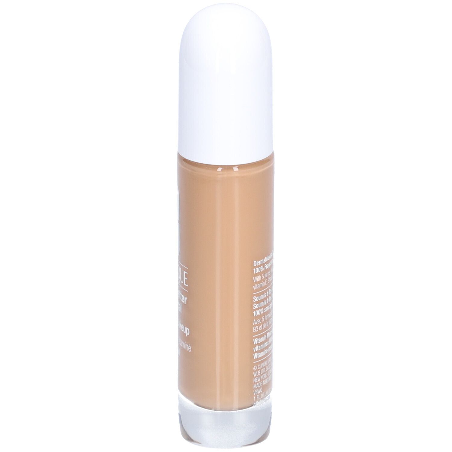 Rückseite des Flakons Clinique Even Better Clinical Vitamin Makeup SPF 50. Text auf dem Etikett. Weißer Deckel.