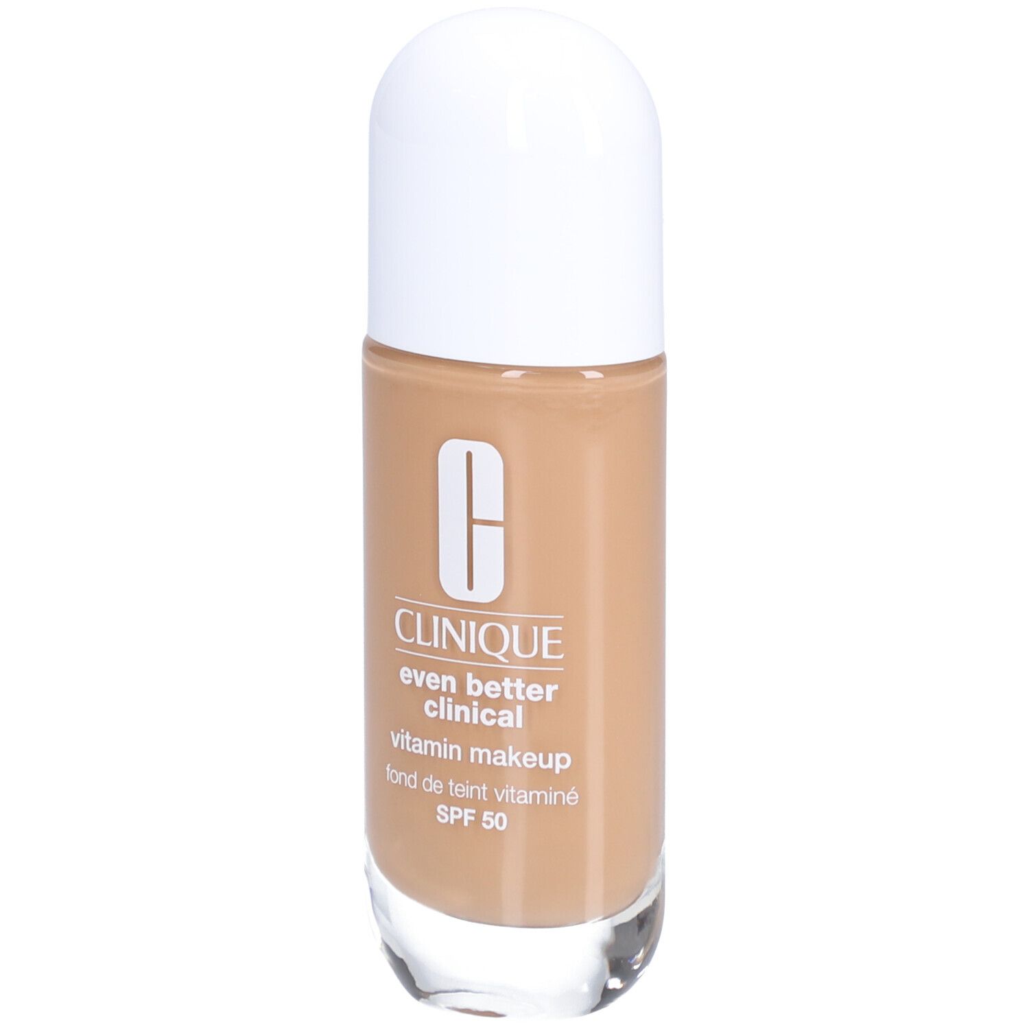Flakon Clinique Even Better Clinical Vitamin Makeup SPF 50. Beige-farbenes Make-up mit weißem Deckel. Marke und Produktbezeichnung.