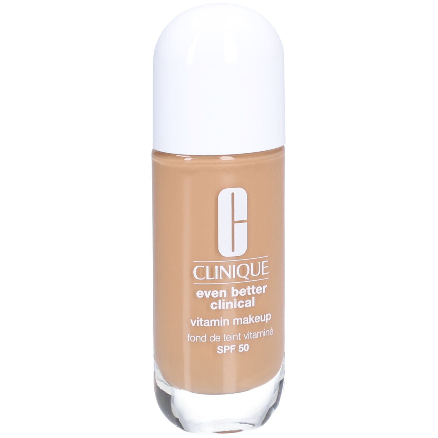 Flakon Clinique Even Better Clinical Vitamin Makeup SPF 50. Beige-farbenes Make-up mit weißem Deckel. Marke und Produktbezeichnung.