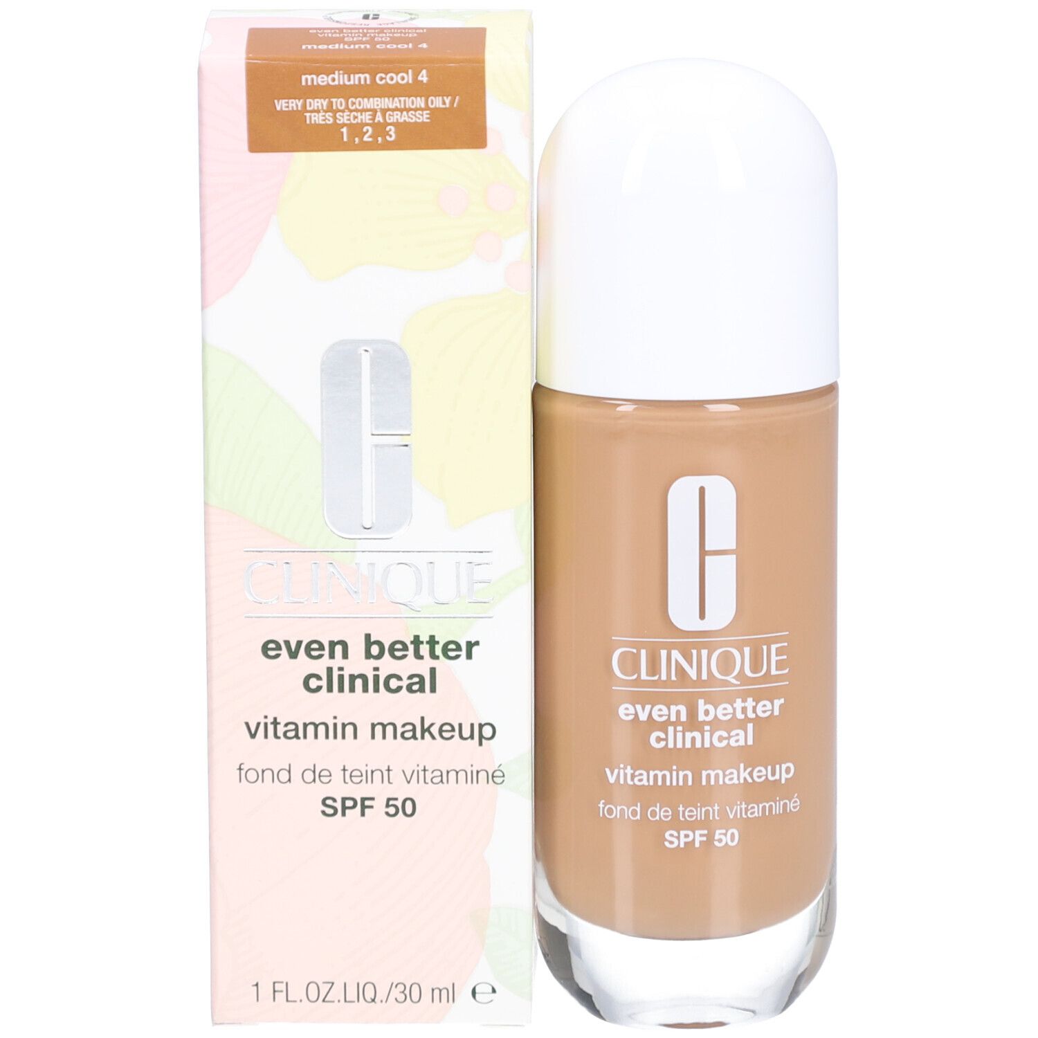 Clinique Even Better Clinical Vitamin Makeup SPF 50 und Verpackung. Beige Make-up, weißer Deckel. Produktname und Details.