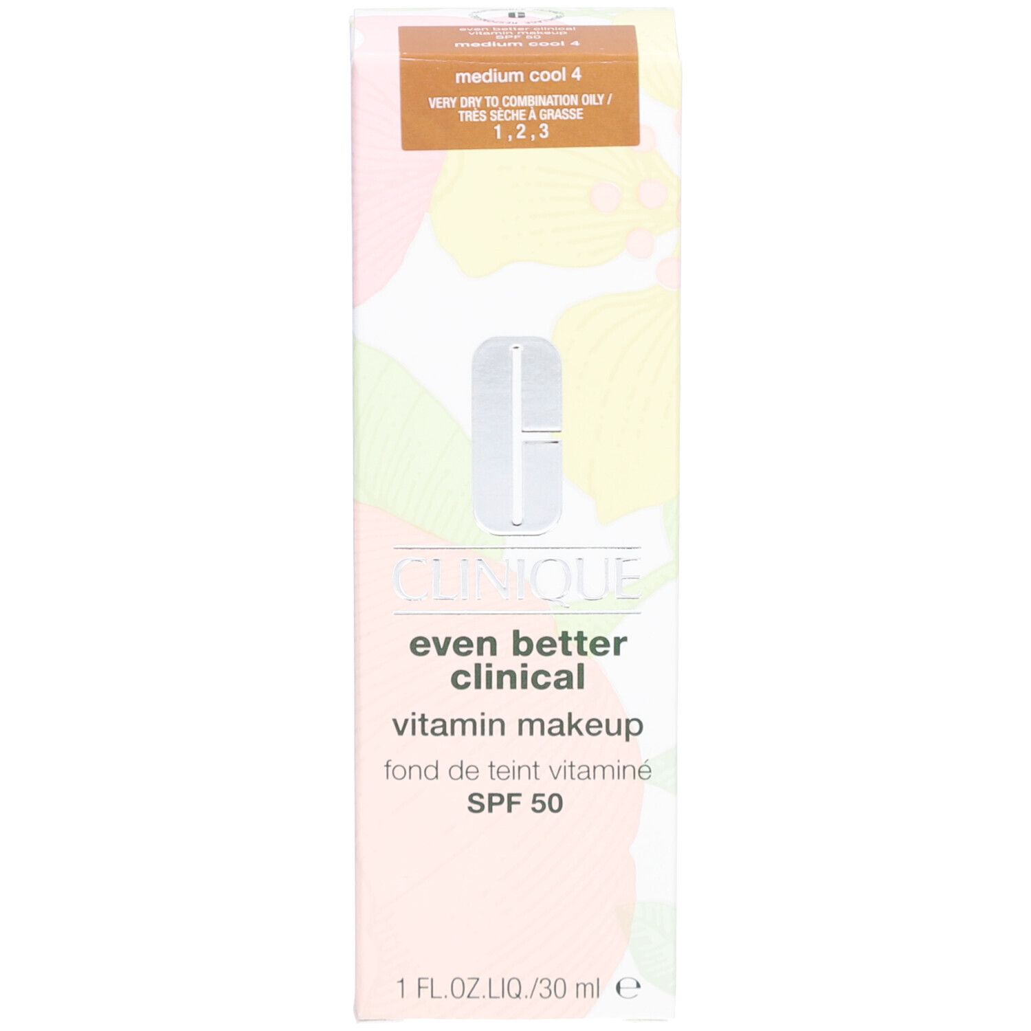 Clinique Even Better Clinical Vitamin Makeup SPF 50 und Verpackung. Beige Make-up, weißer Deckel. Produktname und Details.