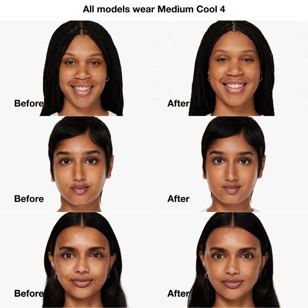 Comparaison avant-après. Trois femmes maquillées. Égalisation du teint. Nom du produit non visible.
