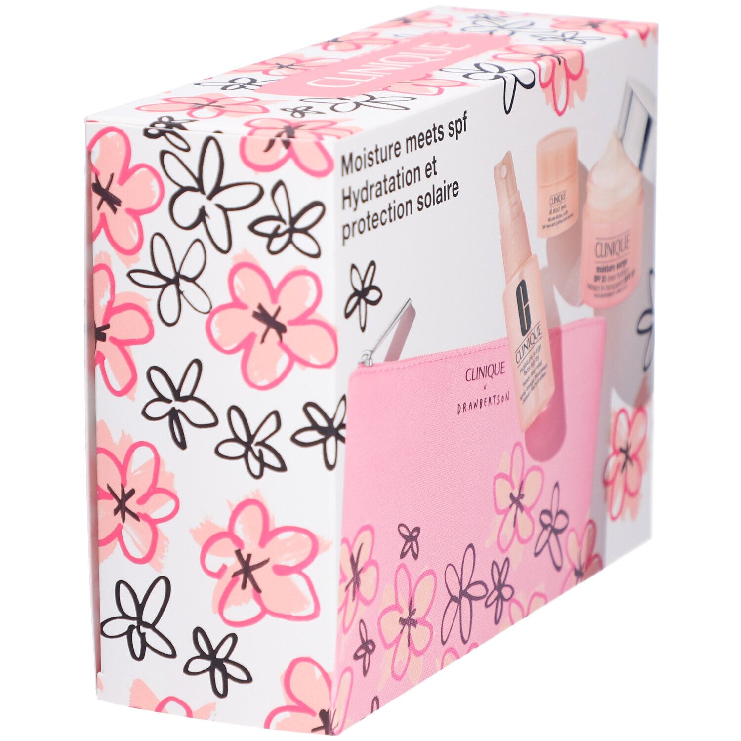 Geschenkbox mit Clinique-Produkten. Rosa Kosmetiktasche, Sprühflasche, Cremebehälter und Tiegel. Verpackung mit Blumenmuster.