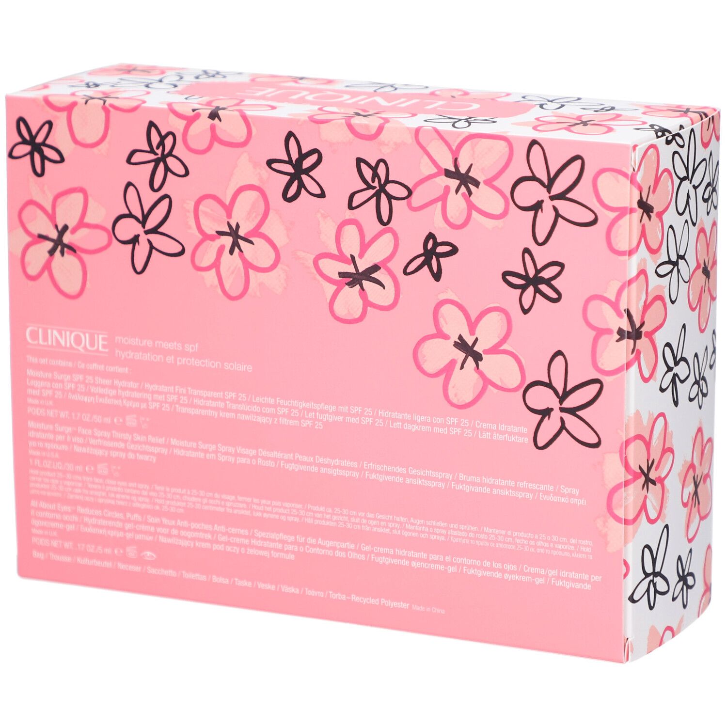 Rückseite der Geschenkbox mit Produktinformationen. Rosa und weiß mit Blumenmuster. Text in mehreren Sprachen.