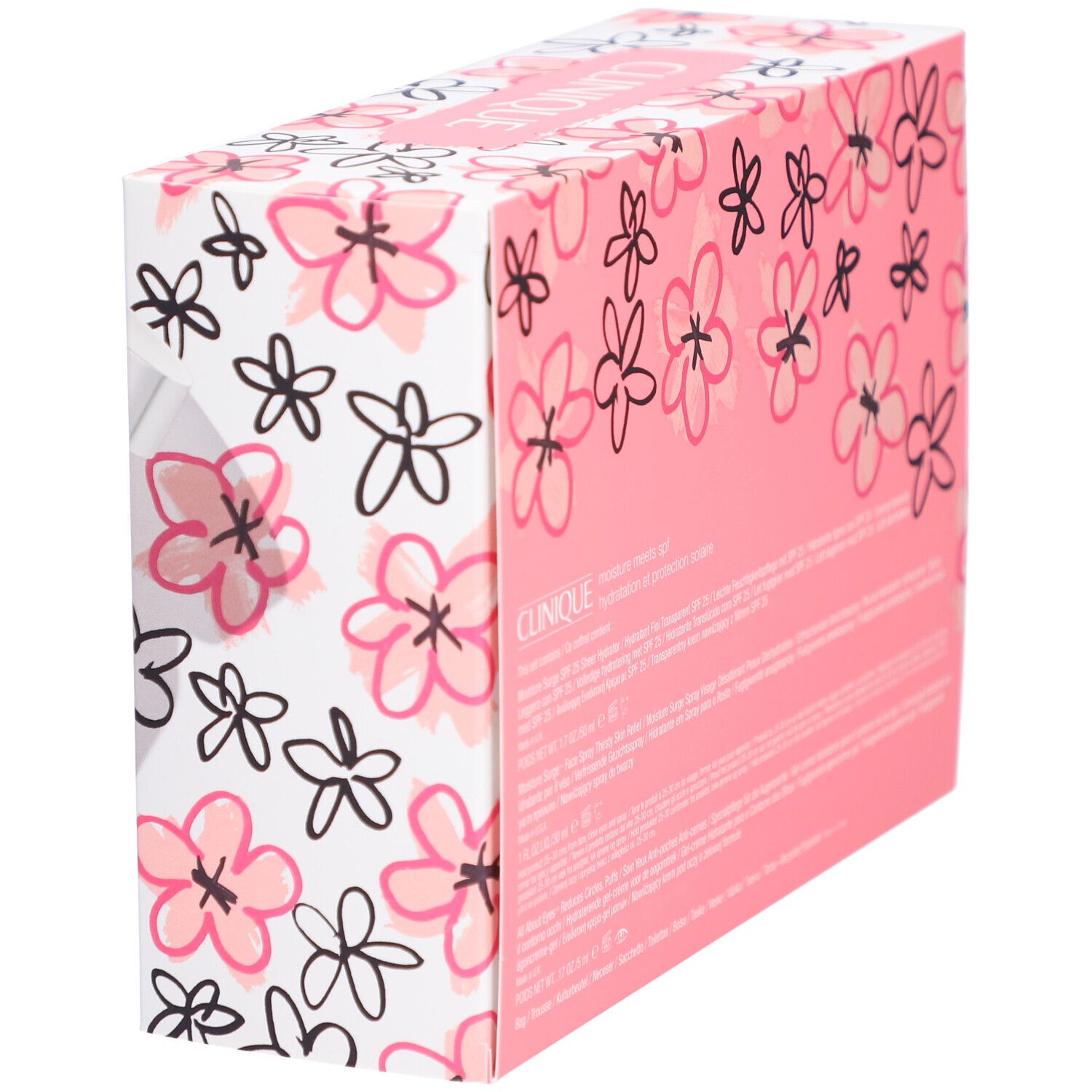 Geschenkbox mit Clinique-Produkten. Rosa und weiß mit Blumenmuster. Text in mehreren Sprachen.