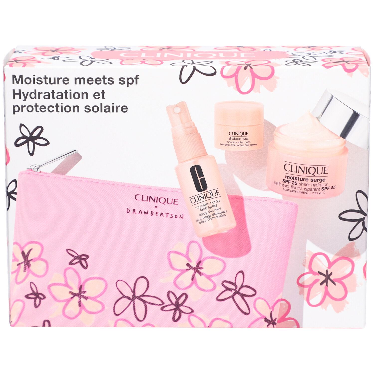 Geschenkset mit Clinique-Produkten. Rosa Kosmetiktasche, Sprühflasche, Cremebehälter und Tiegel. Verpackung mit Blumenmuster.