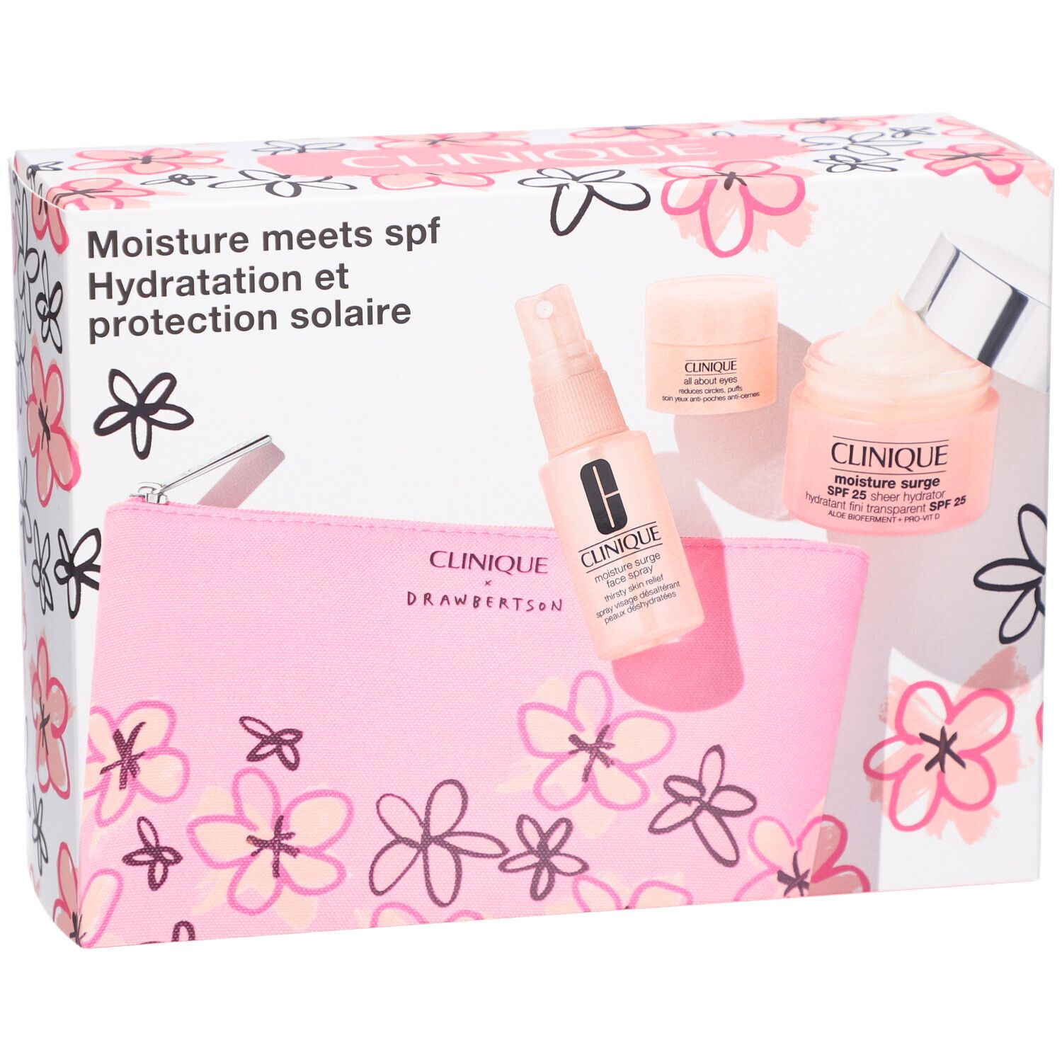Geschenkset mit Clinique-Produkten. Rosa Kosmetiktasche, Sprühflasche, Cremebehälter und Tiegel. Verpackung mit Blumenmuster.