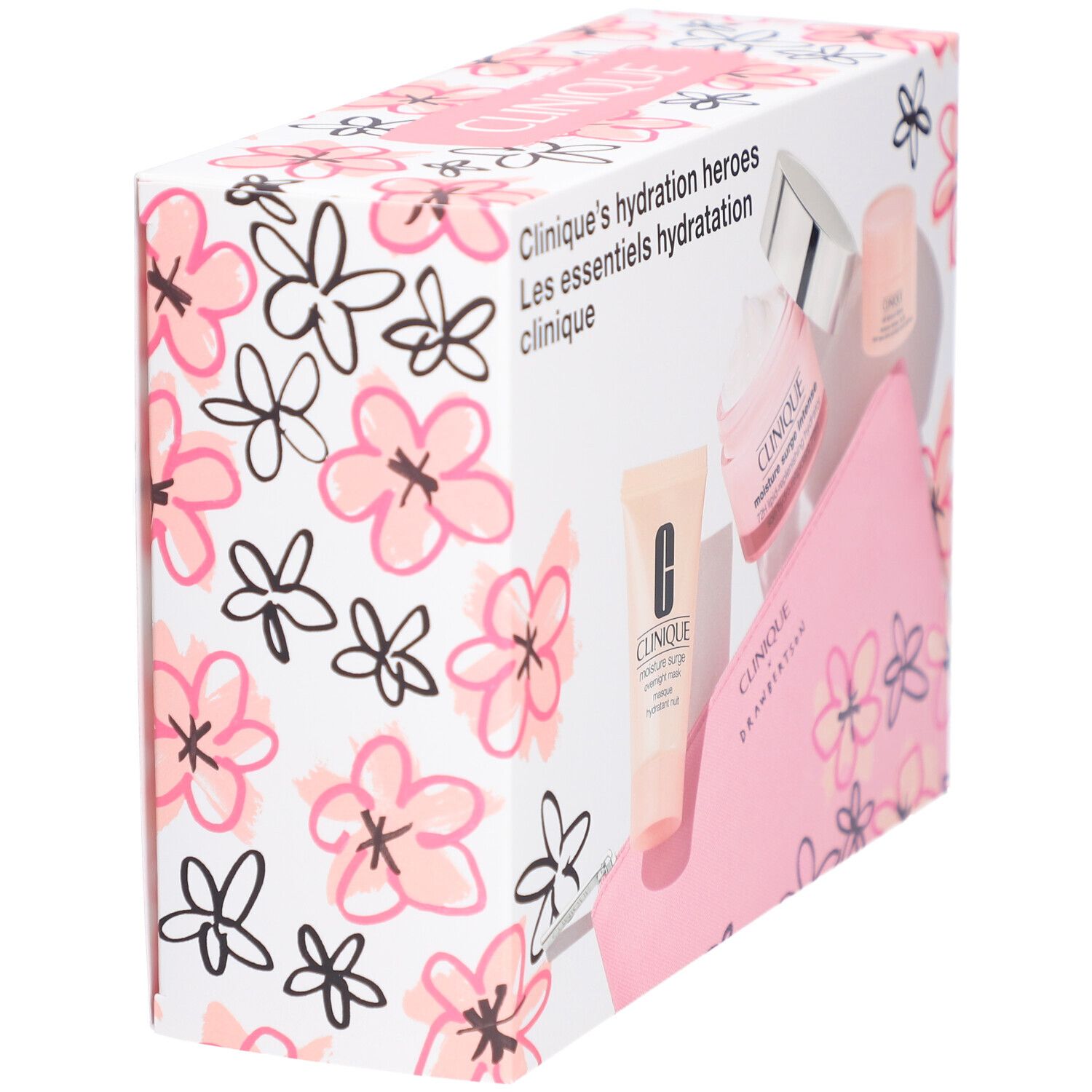 Geschenkbox mit Kosmetikprodukten. Weiß mit rosa Blumenmuster. Enthält eine rosa Kosmetiktasche und Cremes.