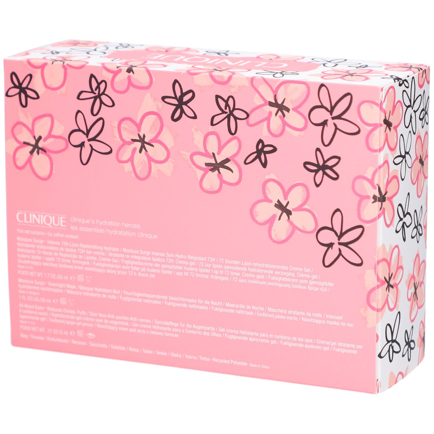 Rückseite der Geschenkbox mit Produktinformationen. Rosa mit Blumenmuster. Text in mehreren Sprachen.