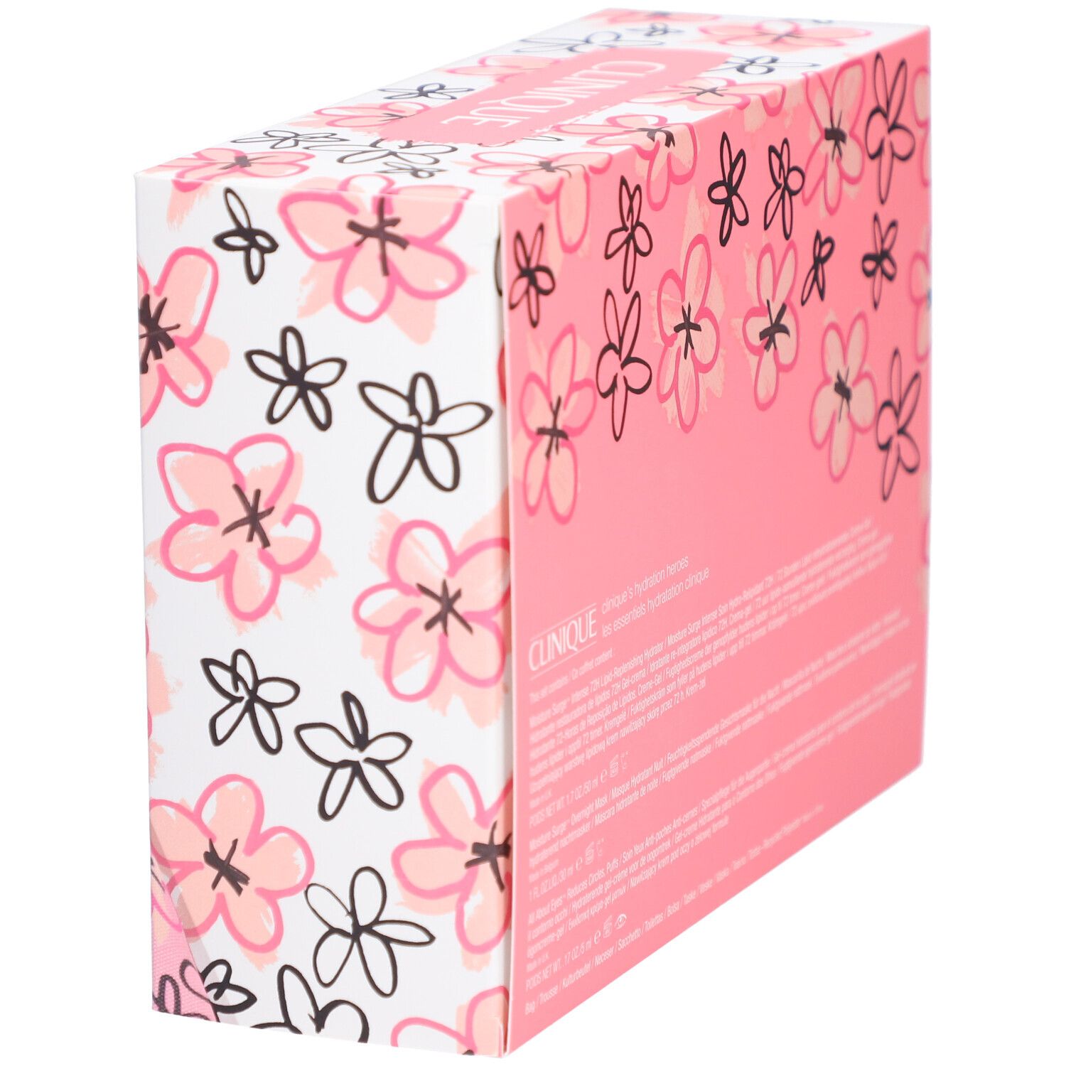 Geschenkbox mit Kosmetikprodukten. Weiß mit rosa Blumenmuster. Enthält eine rosa Kosmetiktasche und Cremes.
