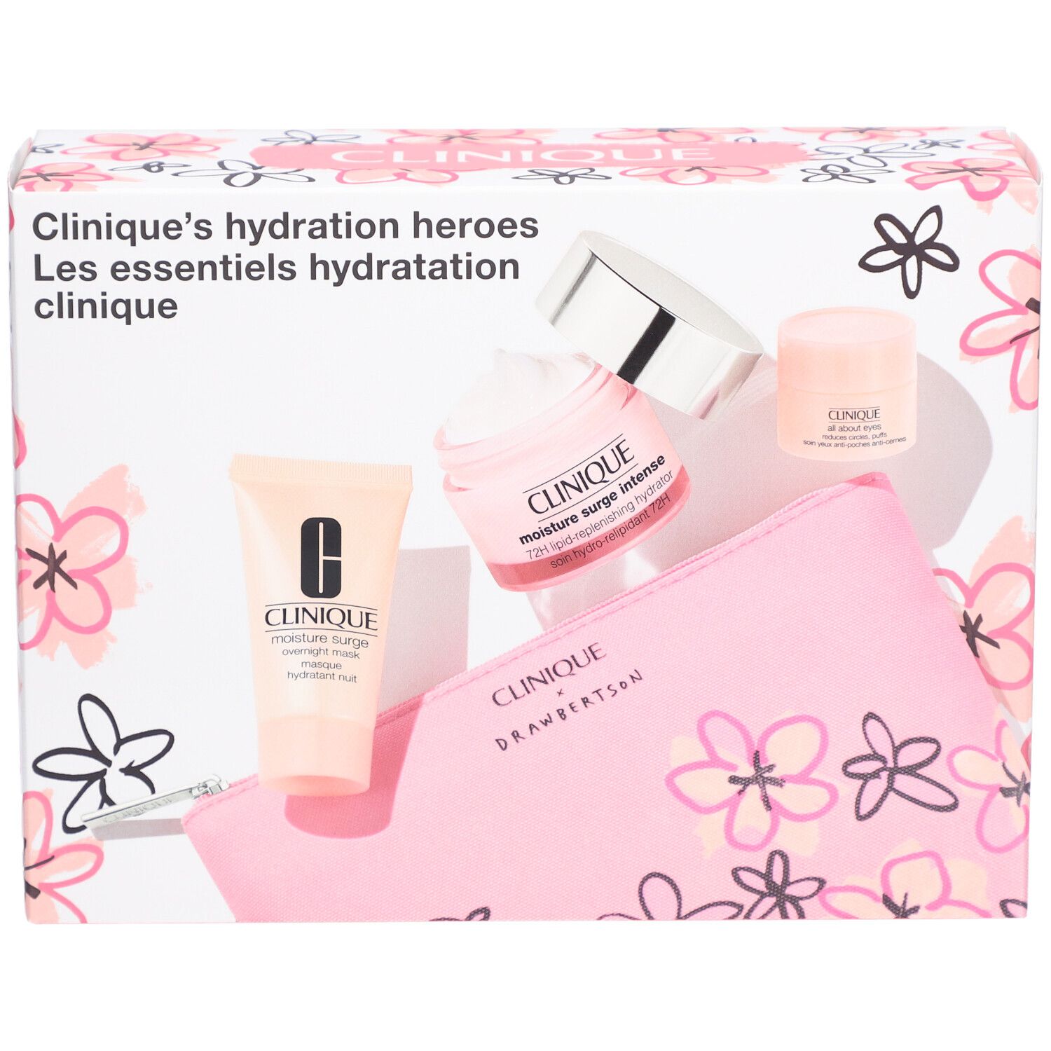 Geschenkset mit Kosmetikprodukten. Enthält eine rosa Kosmetiktasche, Cremes und Tuben. Verpackung mit Blumenmuster.