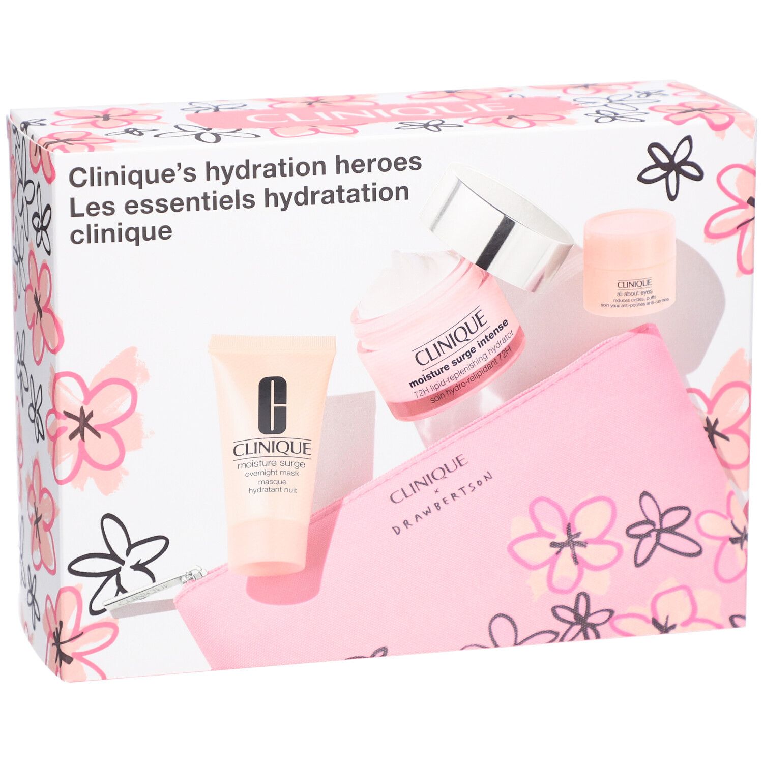 Geschenkset mit Kosmetikprodukten. Enthält eine rosa Kosmetiktasche, Cremes und Tuben. Verpackung mit Blumenmuster.