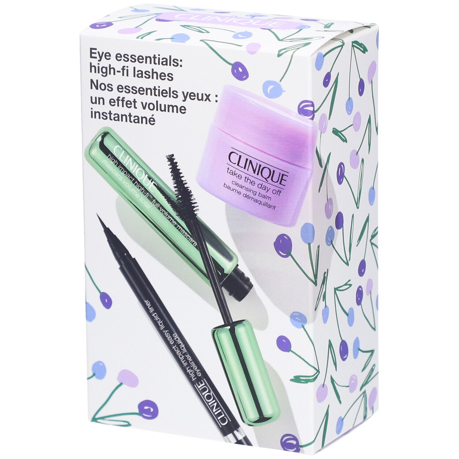 Coffret Clinique Eye Essentials. Contient mascara, eyeliner et démaquillant. Emballage à motifs de cerises.