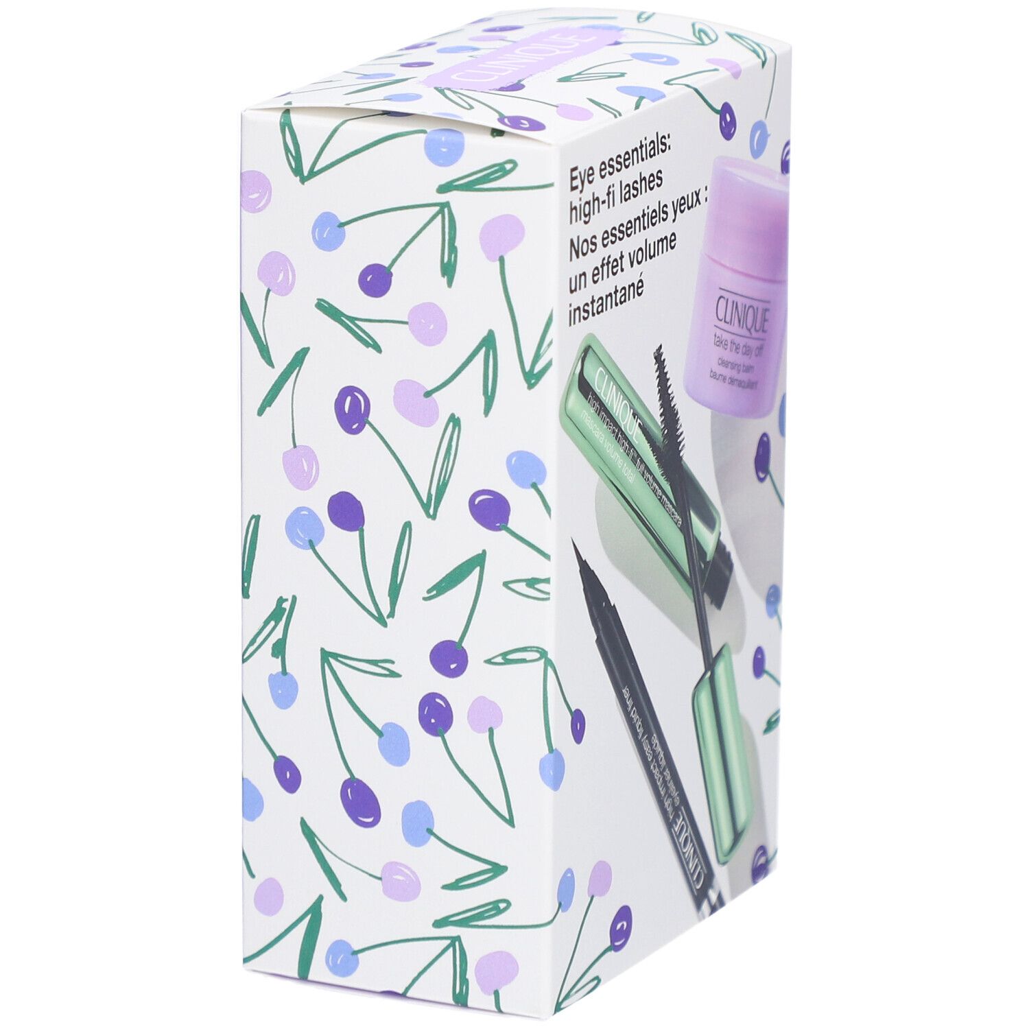 Vue latérale du coffret Clinique Eye Essentials. Emballage à motifs de cerises et noms de produits. Contient mascara, eyeliner et démaquillant.