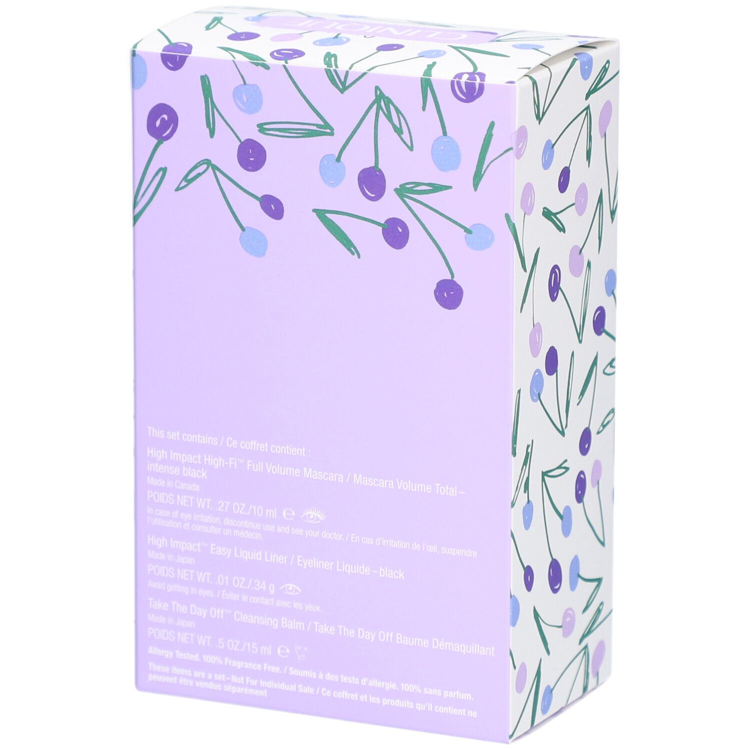 Dos du coffret Clinique Eye Essentials. Noms des produits et ingrédients. Fond violet avec motif de cerises.