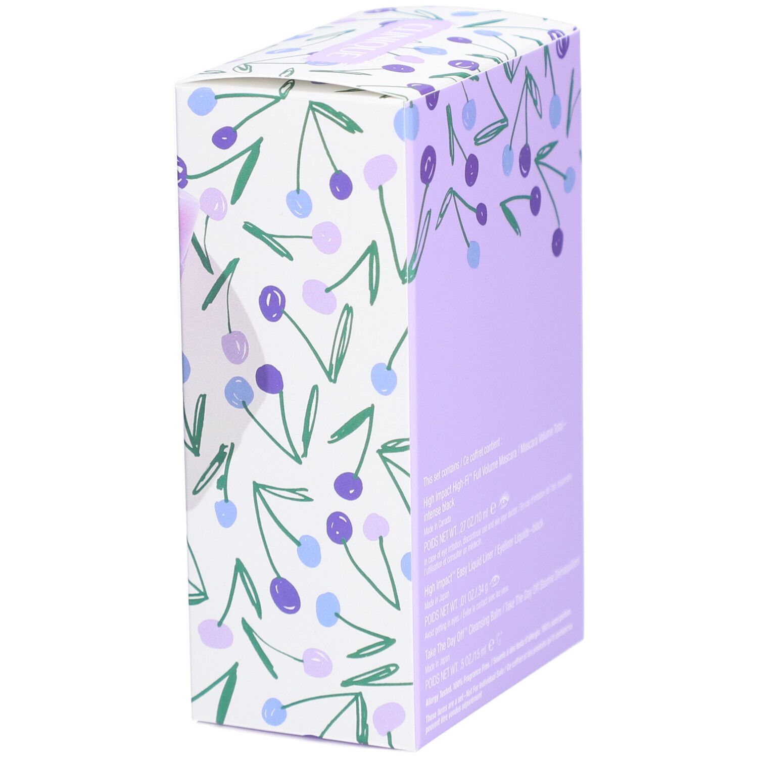 Vue latérale du coffret Clinique Eye Essentials. Fond violet avec motif de cerises. Noms des produits.