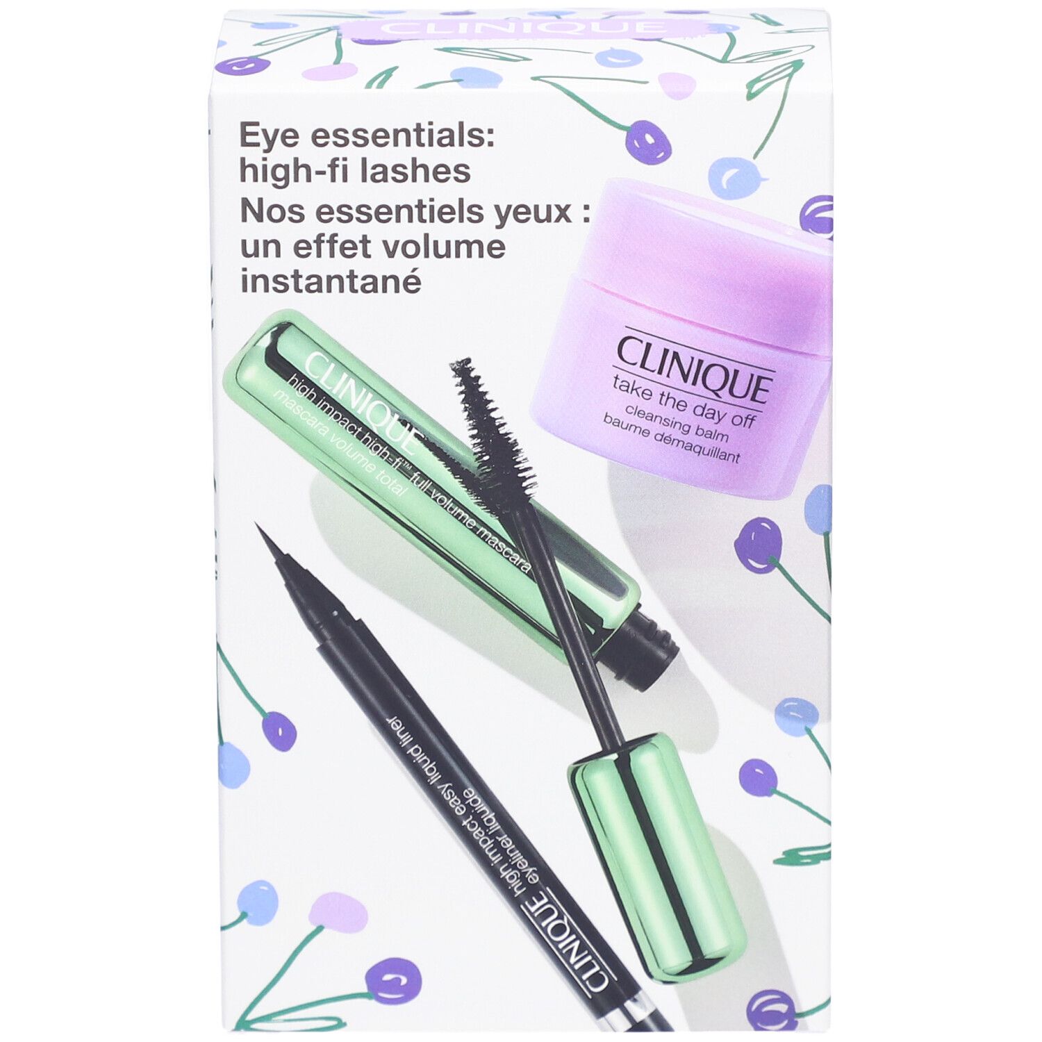 Coffret Clinique Eye Essentials. Contient mascara, eyeliner et démaquillant. Emballage à motifs de cerises.