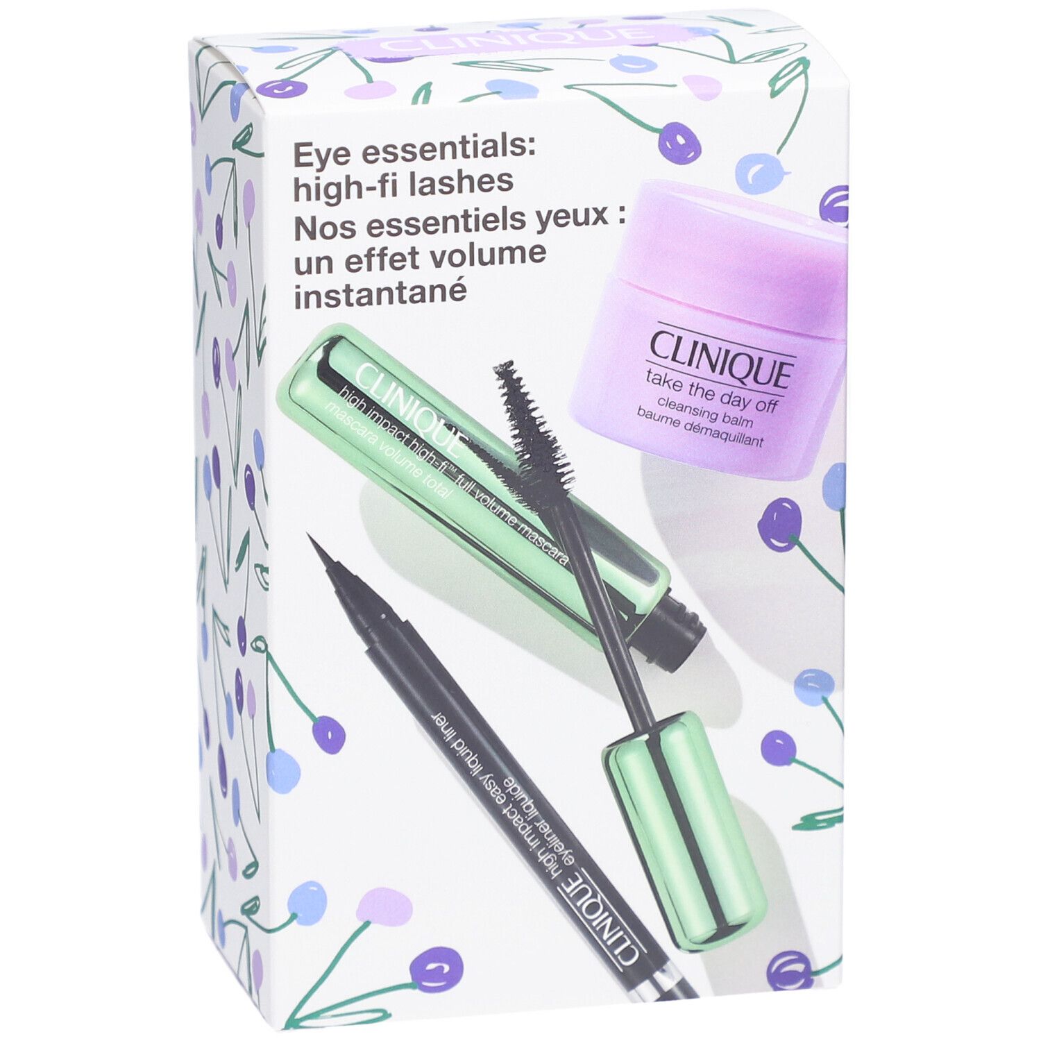 Coffret Clinique Eye Essentials. Contient mascara, eyeliner et démaquillant. Emballage à motifs de cerises.