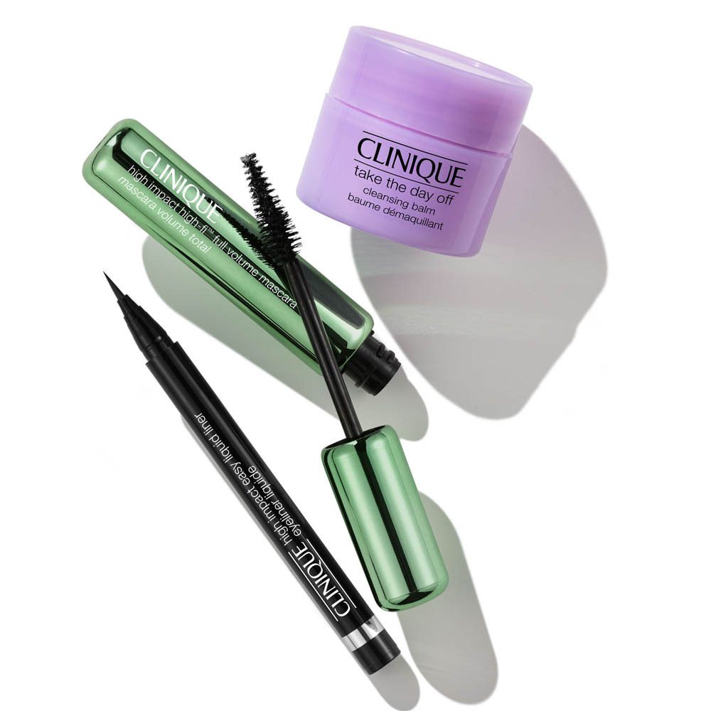 Clinique Mascara und flüssiger Eyeliner mit Reinigungsbalsam.