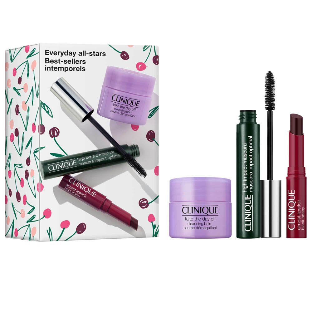 Clinique Geschenkset mit Mascara, Lippenstift und zwei Pflegeprodukten in einer Box.