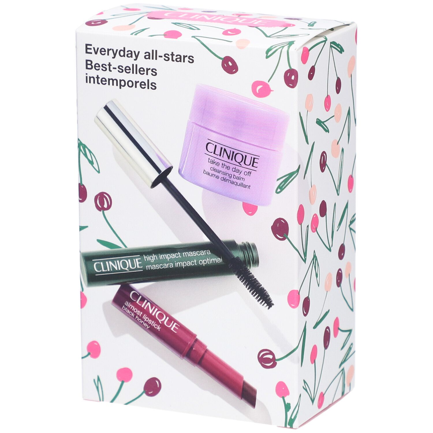 Coffret Clinique avec mascara, rouge à lèvres et baume nettoyant. Motif cerise.