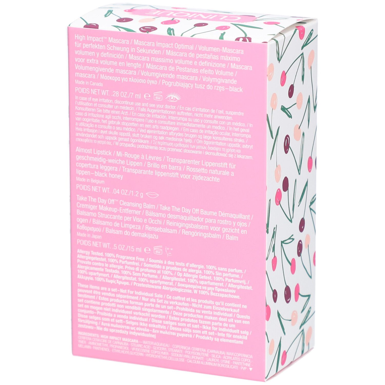 Dos du coffret avec informations produits. Fond rose à motifs cerises. Texte multilingue.