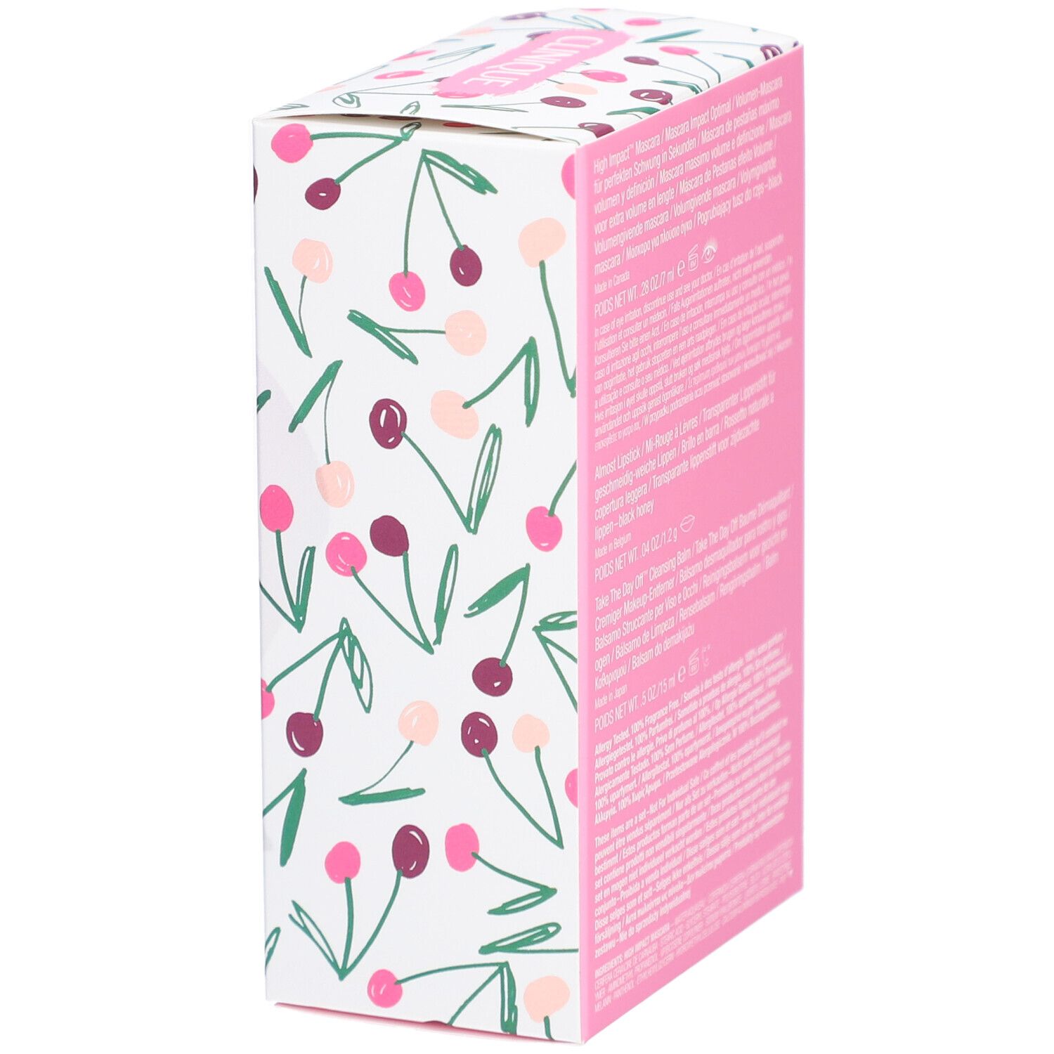 Côté du coffret avec motif cerise. Fond rose. Texte avec informations produits.
