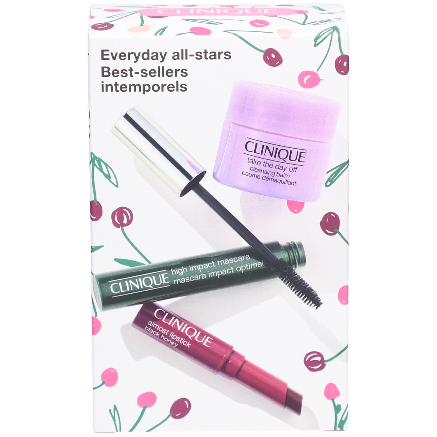 Coffret Clinique avec mascara, rouge à lèvres et baume nettoyant. Motif cerise.