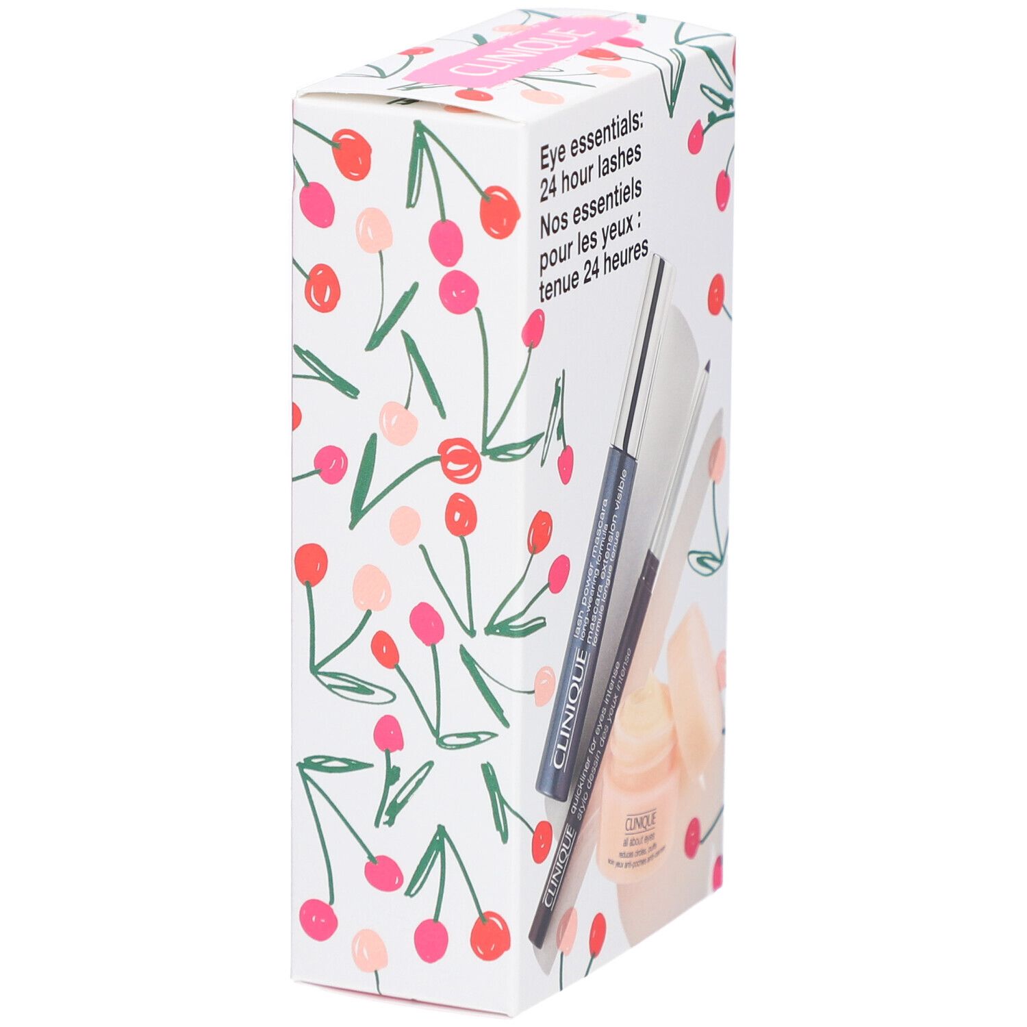 Geschenkbox mit Clinique Augen-Essentials. Kirschmuster-Design. Enthält Mascara, Eyeliner und Augencreme.