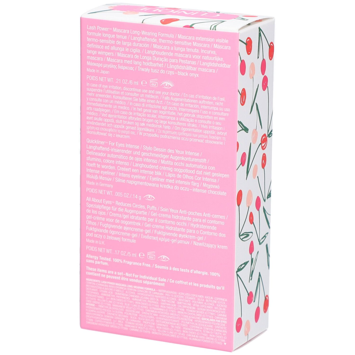 Rückseite der Clinique Augen-Essentials Geschenkbox. Text in mehreren Sprachen. Kirschmuster-Design.