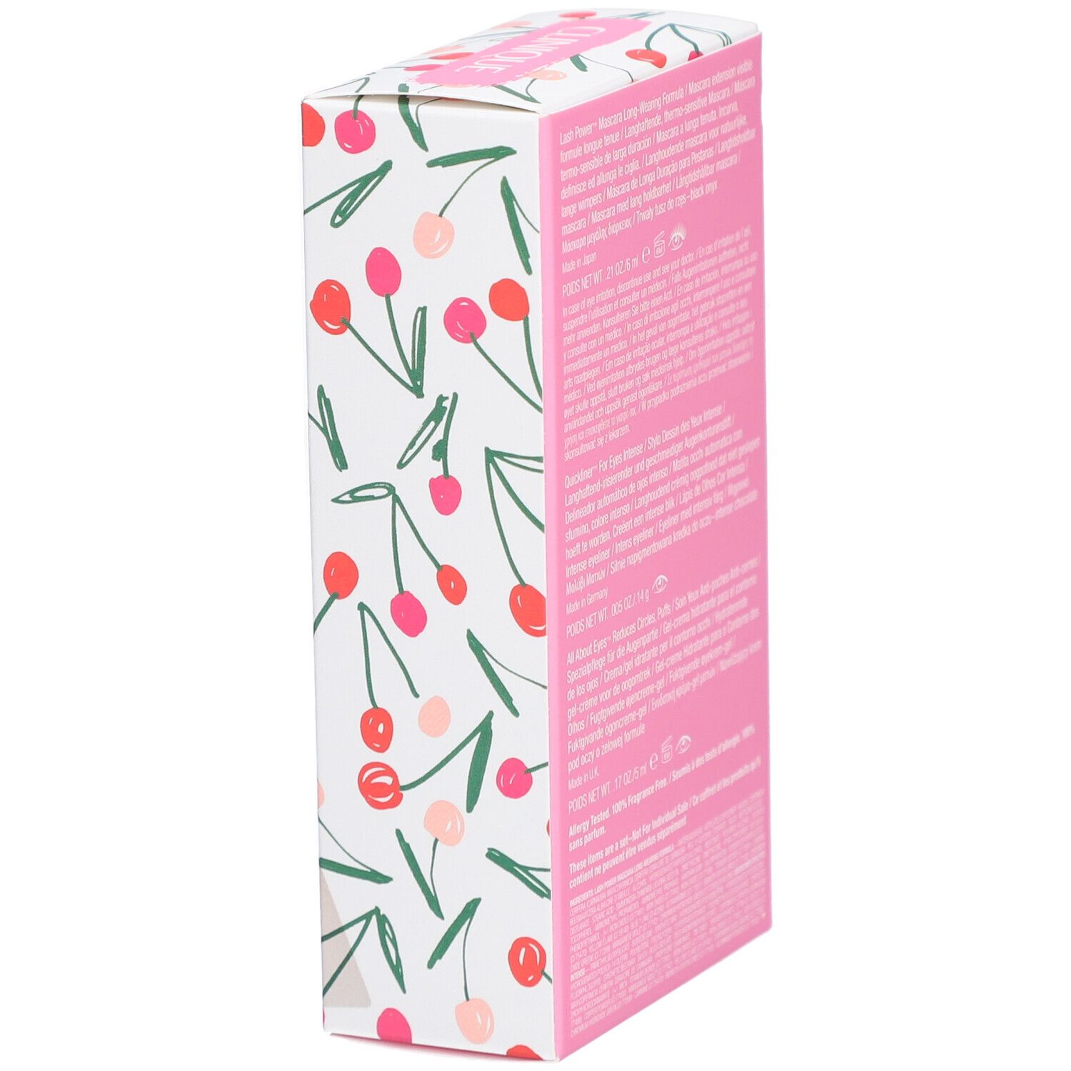Seite der Clinique Augen-Essentials Geschenkbox. Kirschmuster-Design. Text in mehreren Sprachen.
