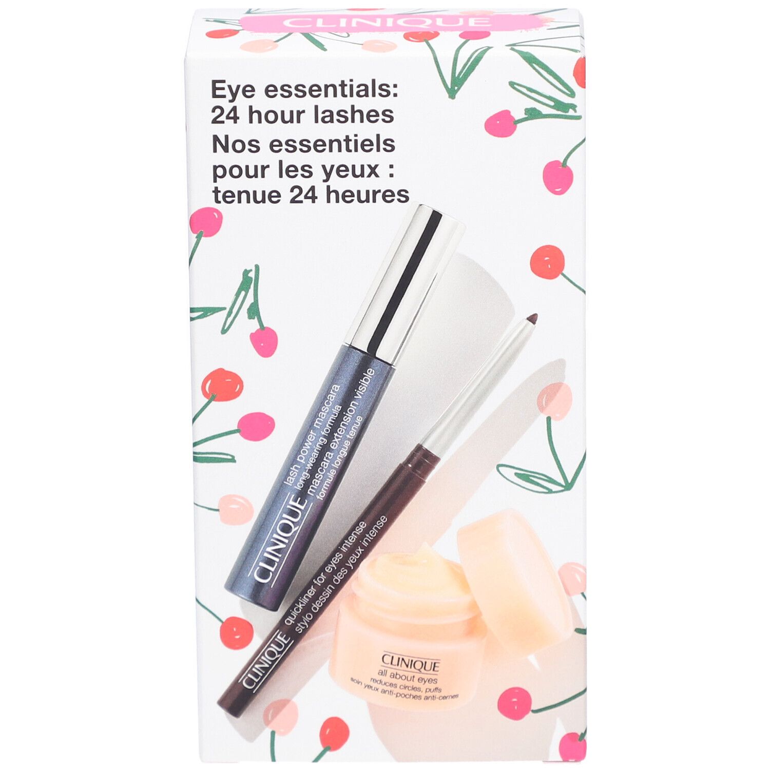 Geschenkbox mit Clinique Augen-Essentials. Enthält Mascara, Eyeliner und Augencreme. Kirschmuster-Design.