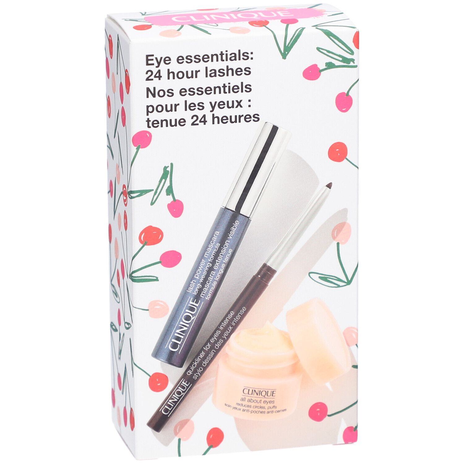 Geschenkbox mit Clinique Augen-Essentials. Enthält Mascara, Eyeliner und Augencreme. Kirschmuster-Design.