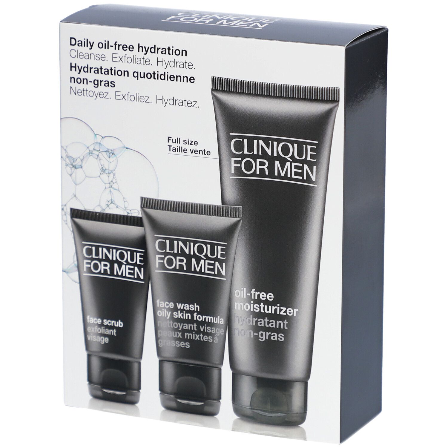 Geschenkset mit drei schwarzen Tuben und einer Verpackung. Aufdruck: Clinique for Men, Daily oil-free hydration.