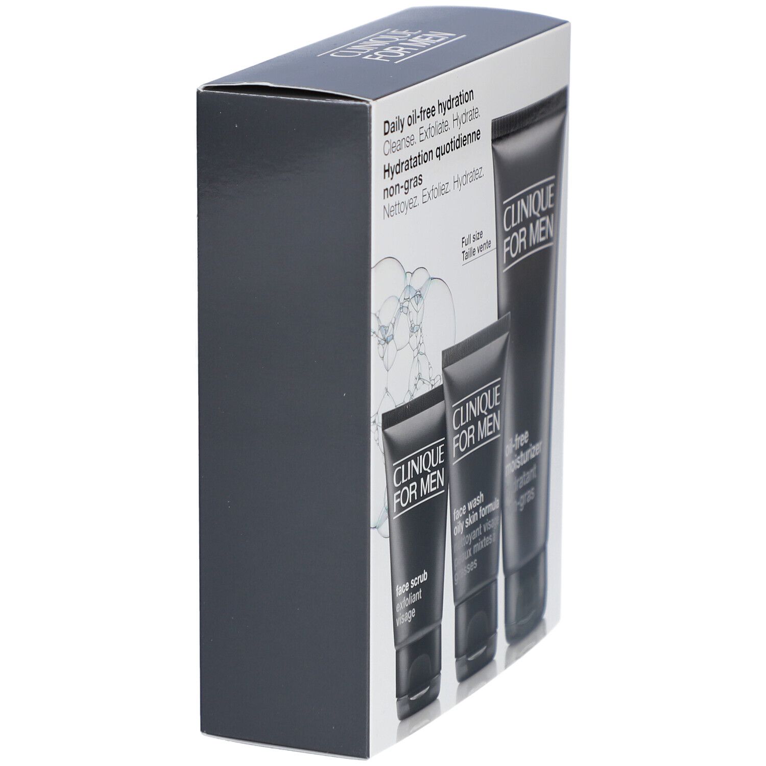 Schwarze Verpackung mit drei Tuben. Aufdruck: Clinique for Men, Daily oil-free hydration. Seitenansicht.