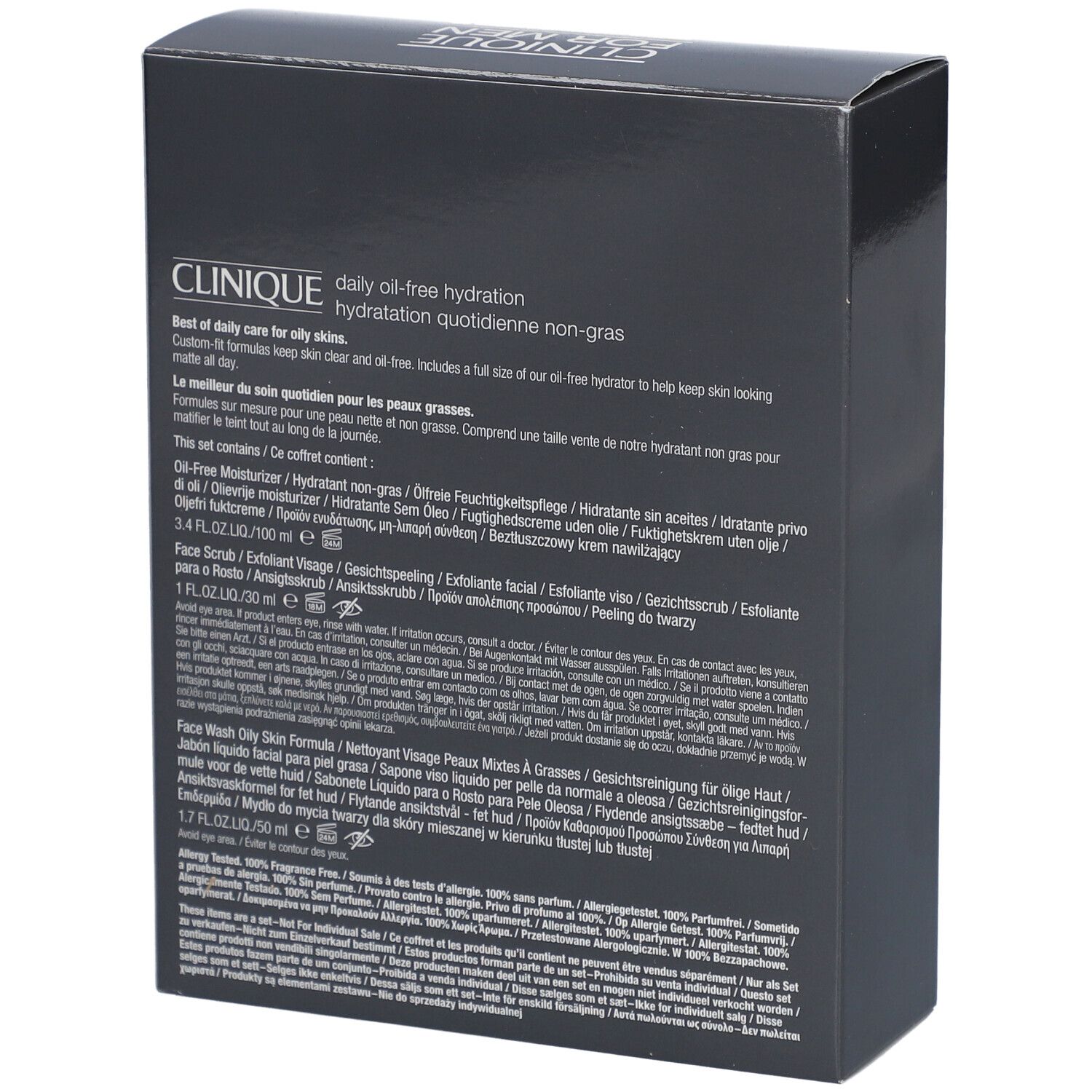 Rückseite der schwarzen Verpackung. Text: Clinique, Daily oil-free hydration. Produktinformationen und Inhaltsstoffe.