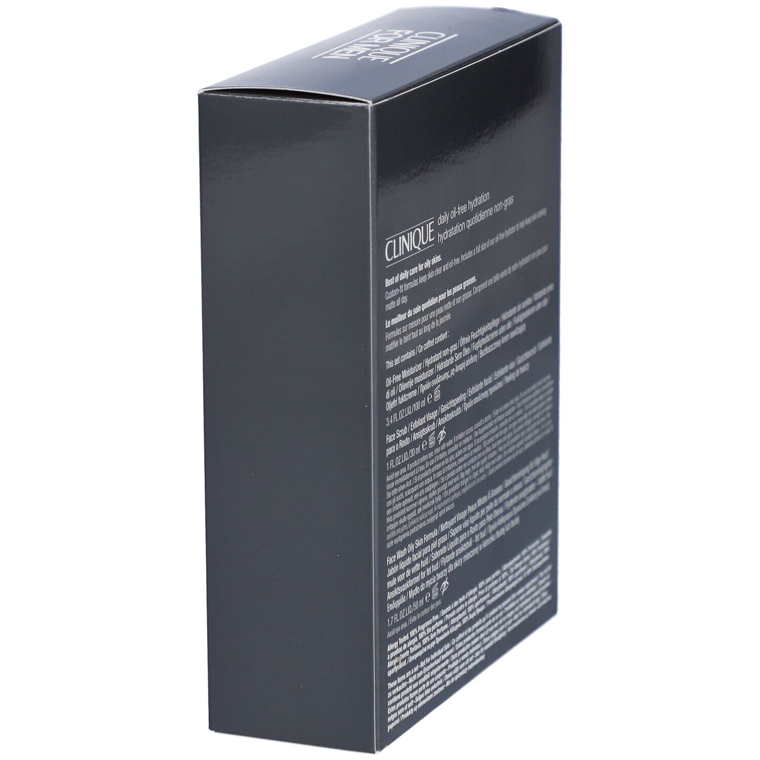 Schwarze Verpackung, Seitenansicht. Text: Clinique, Daily oil-free hydration. Produktinformationen.