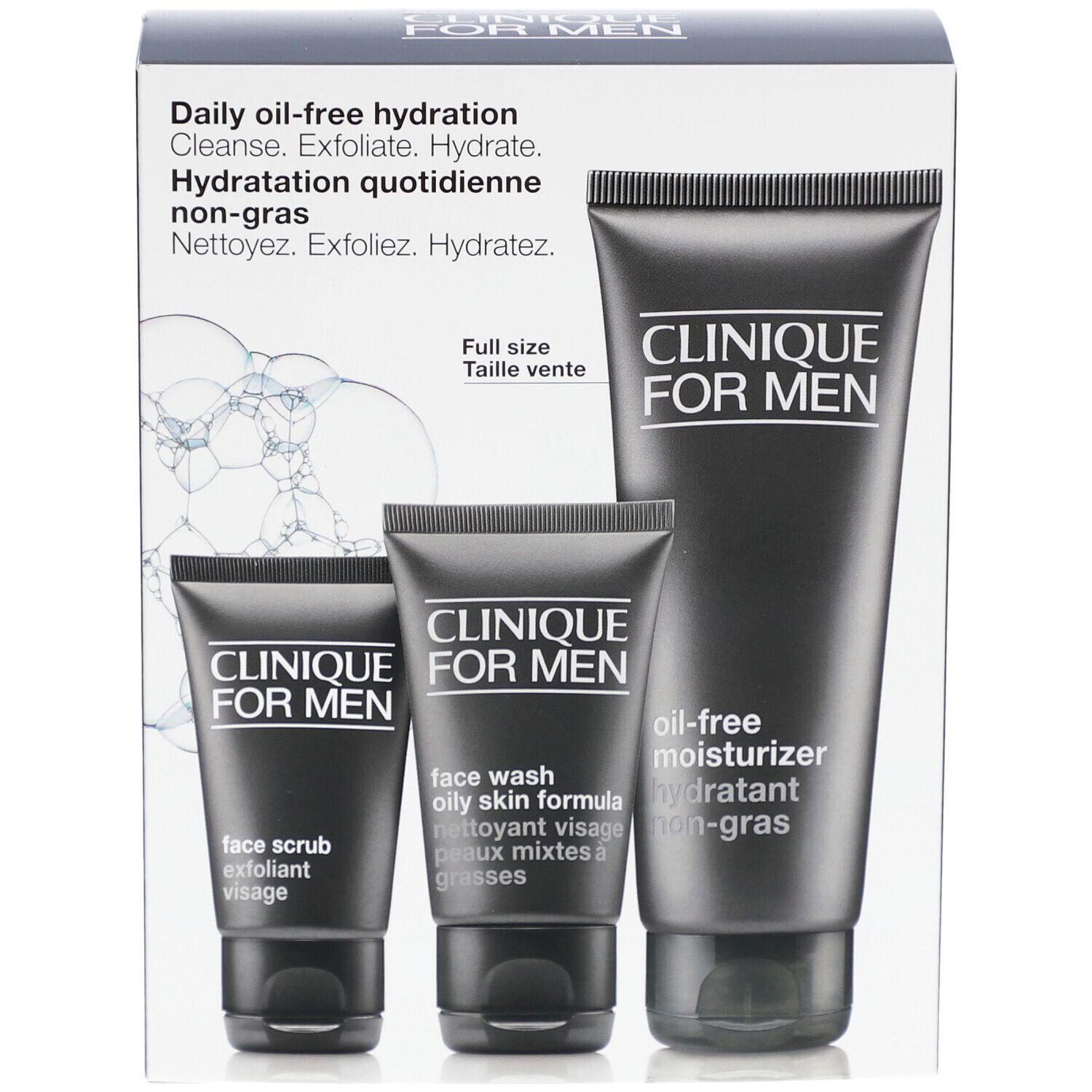 Geschenkset mit drei schwarzen Tuben und Verpackung. Aufdruck: Clinique for Men, Daily oil-free hydration.