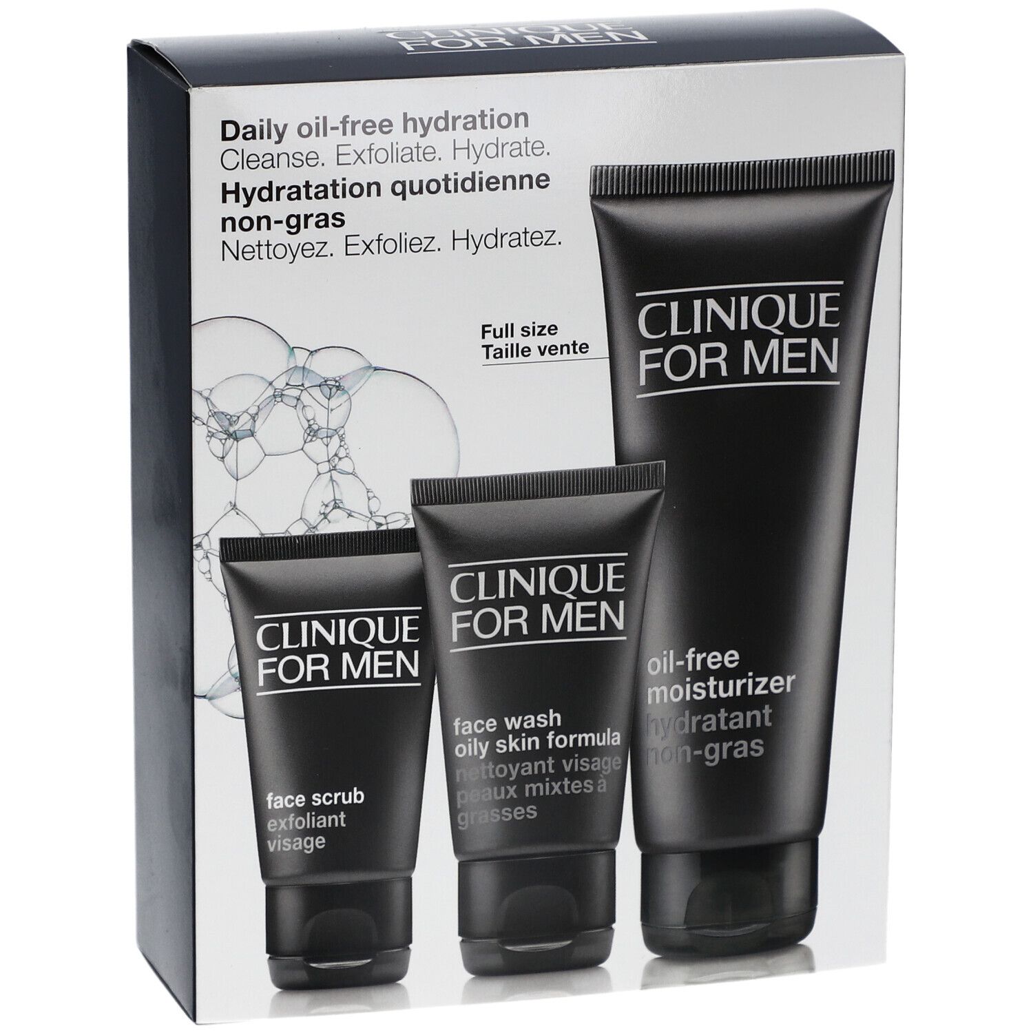 Geschenkset mit drei schwarzen Tuben und Verpackung. Aufdruck: Clinique for Men, Daily oil-free hydration.