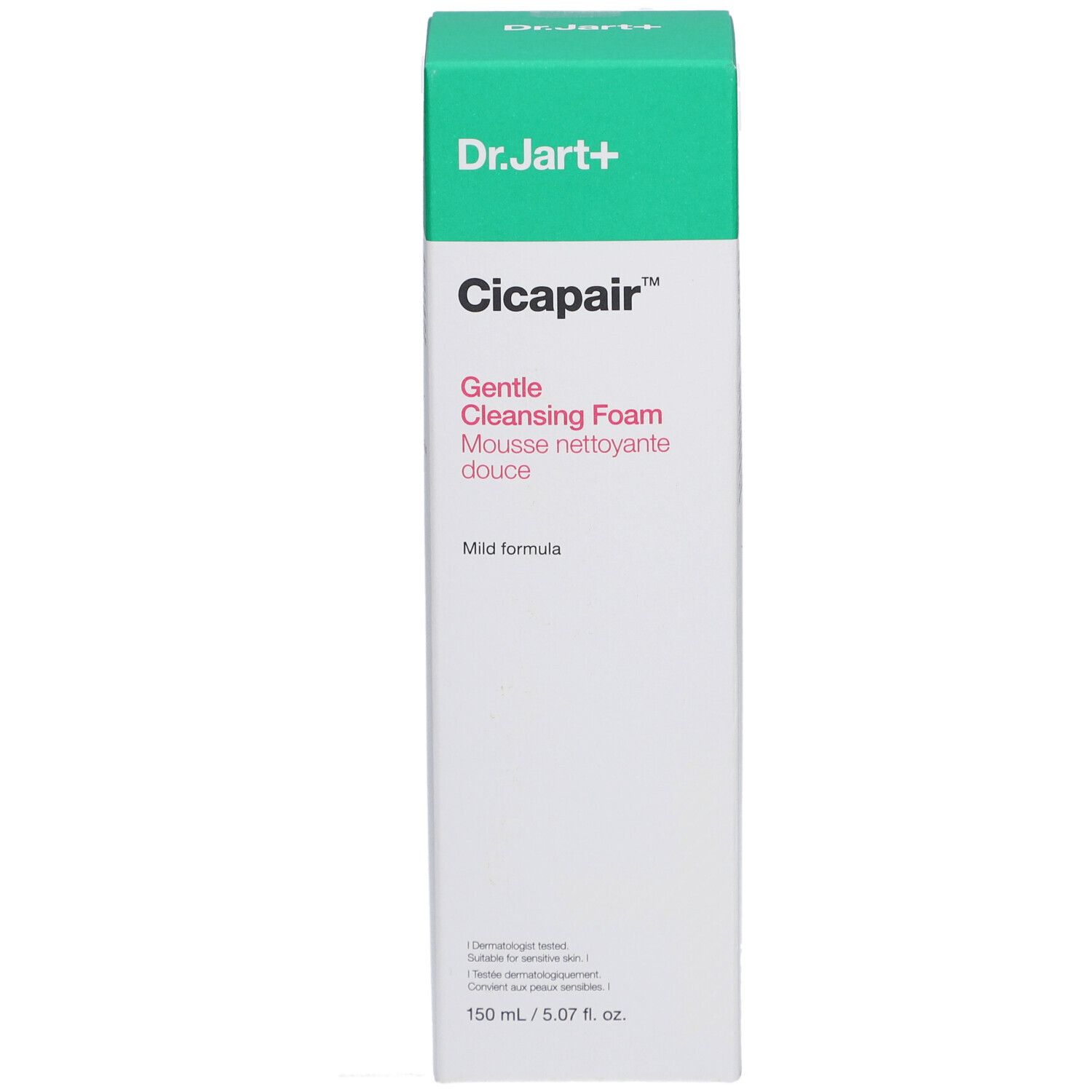 Verpackung von Dr. Jart+ Cicapair Reinigungsschaum. Weiß mit grüner Oberseite. Text: Cicapair, Gentle Cleansing Foam, 150 ml.