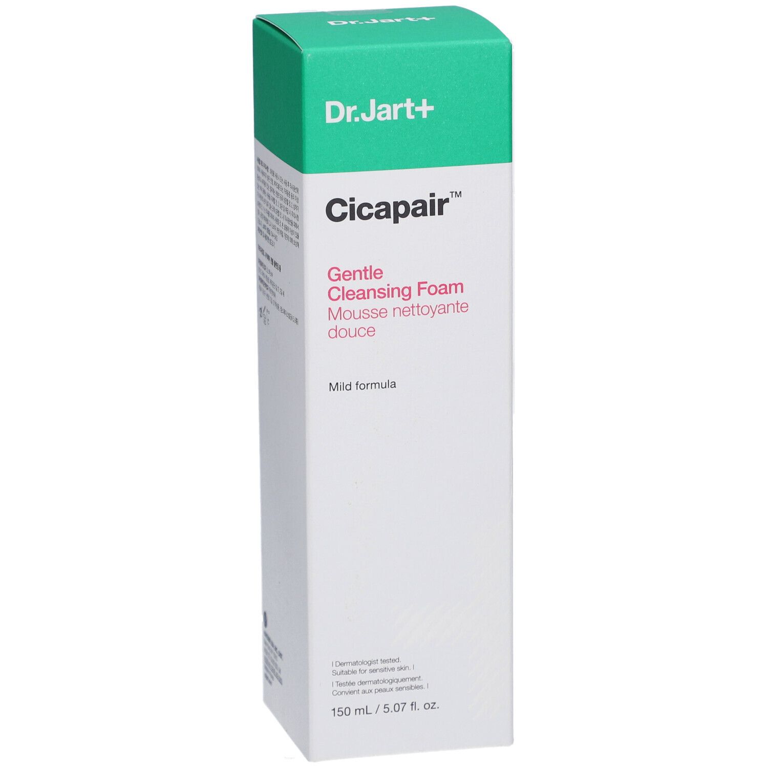 Verpackung von Dr. Jart+ Cicapair Reinigungsschaum. Weiß mit grüner Oberseite. Text: Cicapair, Gentle Cleansing Foam, 150 ml.
