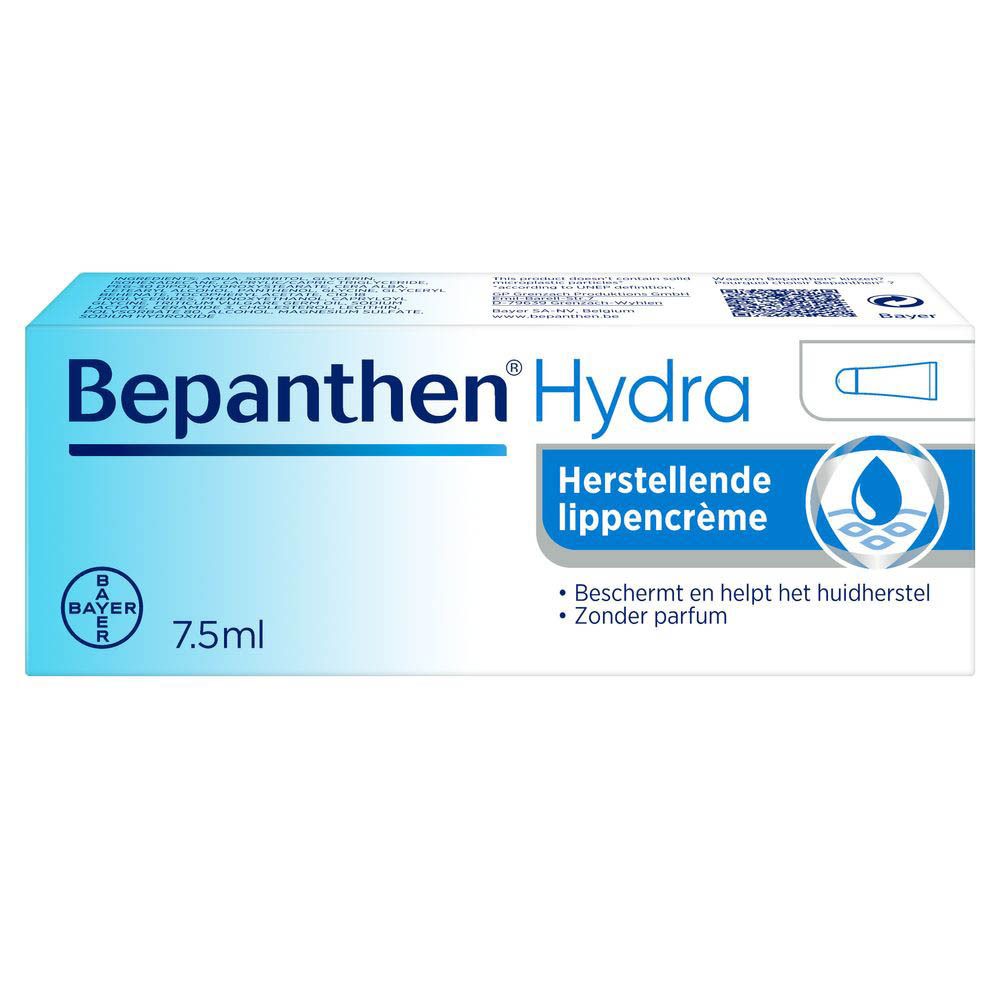 Verpakking Bepanthen Hydra Herstellende lippencreme. Wit-blauwe verpakking, productnaam en logo.