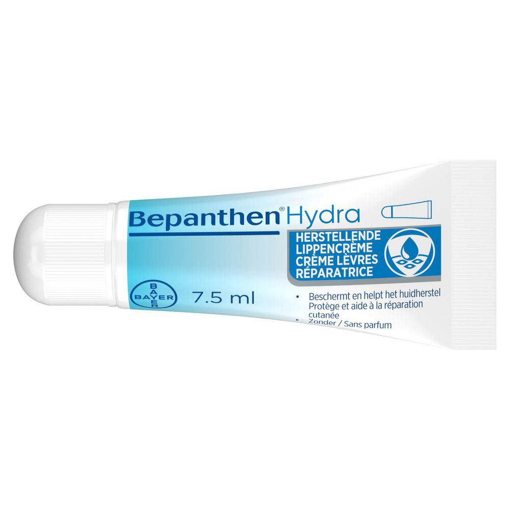 Tube Bepanthen Hydra Crème lèvres réparatrice. Witte tube met blauw logo en productnaam.