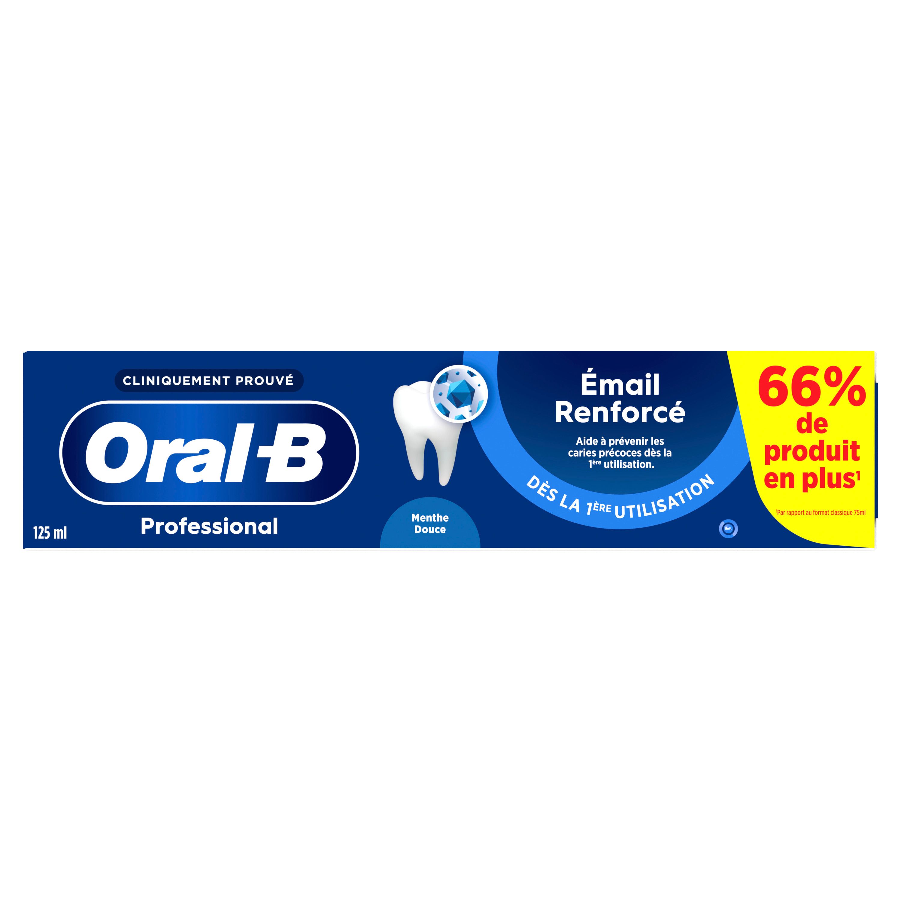 Boîte de dentifrice bleue. Oral-B Professional, Email Renforcé. 125 ml. 66% de produit en plus.