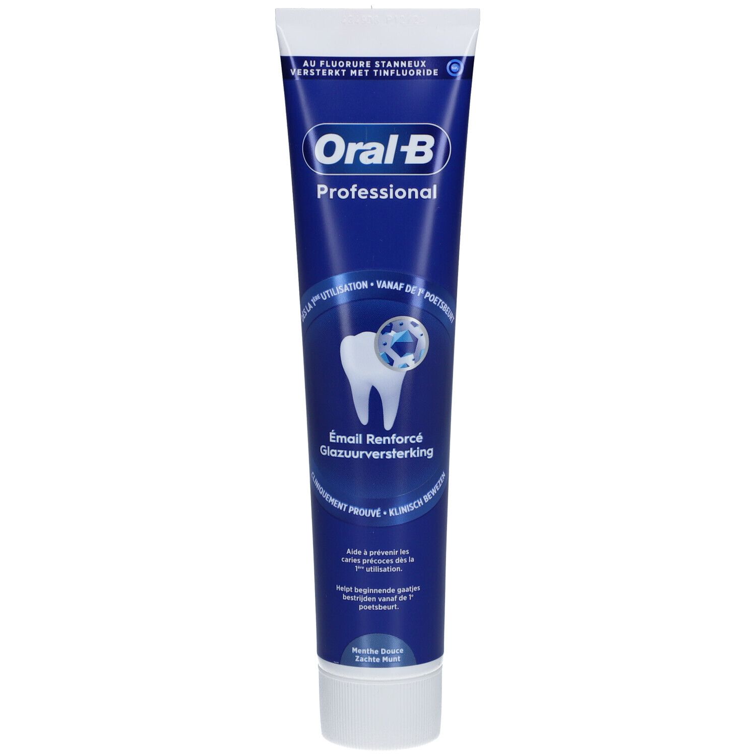 Zahncreme-Tube, blau, weißer Deckel. Oral-B Professional, Email Renforcé, Glazuurversterking. Mit Fluorid.